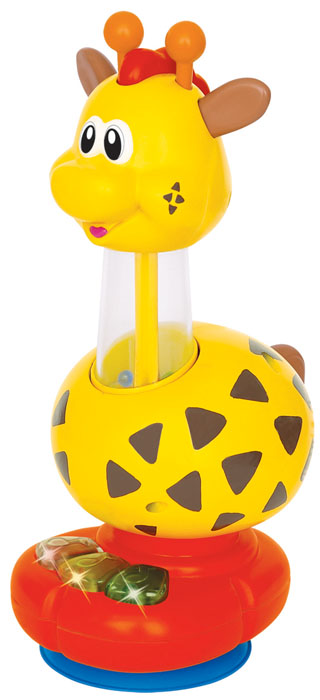 Kiddieland Развивающая игрушка ЖирафKID 029900 Kiddieland Развивающая игрушка ЖирафKID 029900Развивающая игрушка Kiddieland Жираф выполнена из яркого безопасного пластика в виде забавного жирафа на небольшой подставке. Шея жирафа изготовлена из прозрачного пластика. Внутри нее находятся цветные шарики. Головка игрушки крутится в обе стороны. На подставке расположены три кнопки-нотки. Нажимая на них, ребенок услышит веселые мелодии и звуки, издаваемые птичкой, лошадкой или овечкой. А если нажать на голову жирафа, то шарики внутри шеи начнут весело подпрыгивать. Также у жирафа есть хвост, который поворачивается в обе стороны со звуком трещотки. Игрушка развивает мелкую моторику рук, фантазию и воображение малыша. Рекомендуется докупить 3 батарейки напряжением 1,5V типа LR44 (товар комплектуется демонстрационными).