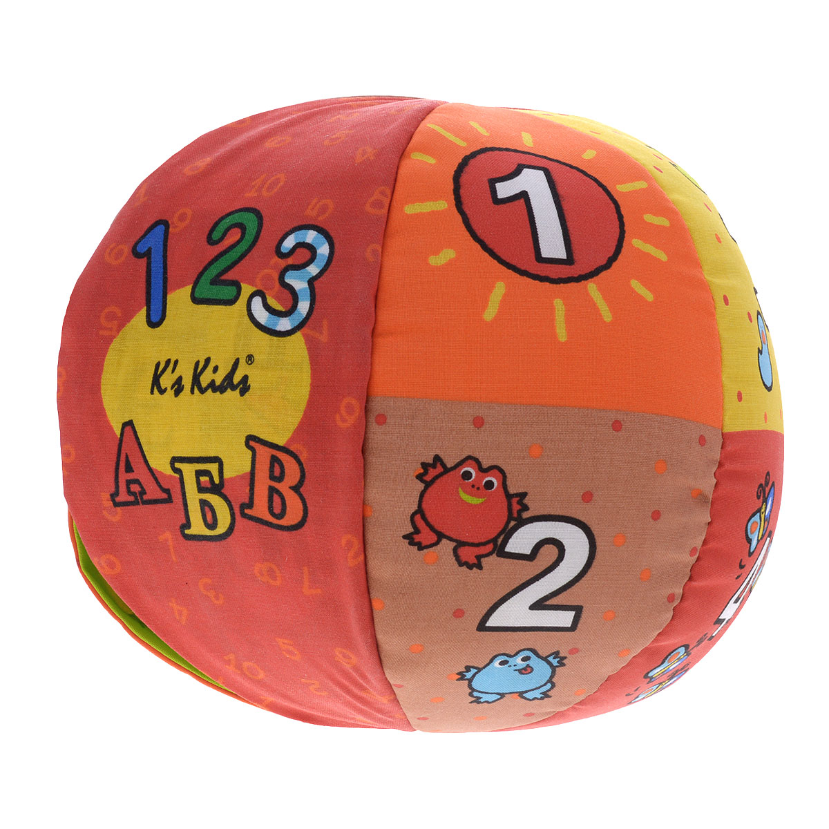 Обучающая игрушка Ks Kids Говорящий мячKA621 Обучающая игрушка Ks Kids Говорящий мячKA621Обучающая игрушка Ks Kids Говорящий мяч отлично подойдет для подвижных игр малышей, а также поможет детям получить необходимые знания в приятной и интересной игре. Мяч диаметром двадцать два сантиметра изготовлен из мягкого текстильного материала ярких цветов и оформлен буквами русского алфавита, цифрами и всевозможными картинками. Мячом можно перекидываться, его можно перекатывать по полу и просто играть в футбол. Игрушка работает в двух режимах: буквенном и цифровом. В первом режиме при каждом броске можно услышать буквы от А до Я, во втором же мяч считает до десяти. Каждая цифра проиллюстрована таким же числом определенных фигур, например, возле цифры один нарисовано одно солнце. Мяч в общей сложности издает двадцать пять звуков, в том числе песенки и разные фразы. Если игрушка загрязнилась, ее можно постирать, при этом вытащив электроприбор. Игрушка Ks Kids Говорящий мяч способствует совершенствованию тактильной чувствительности, ловкости,...