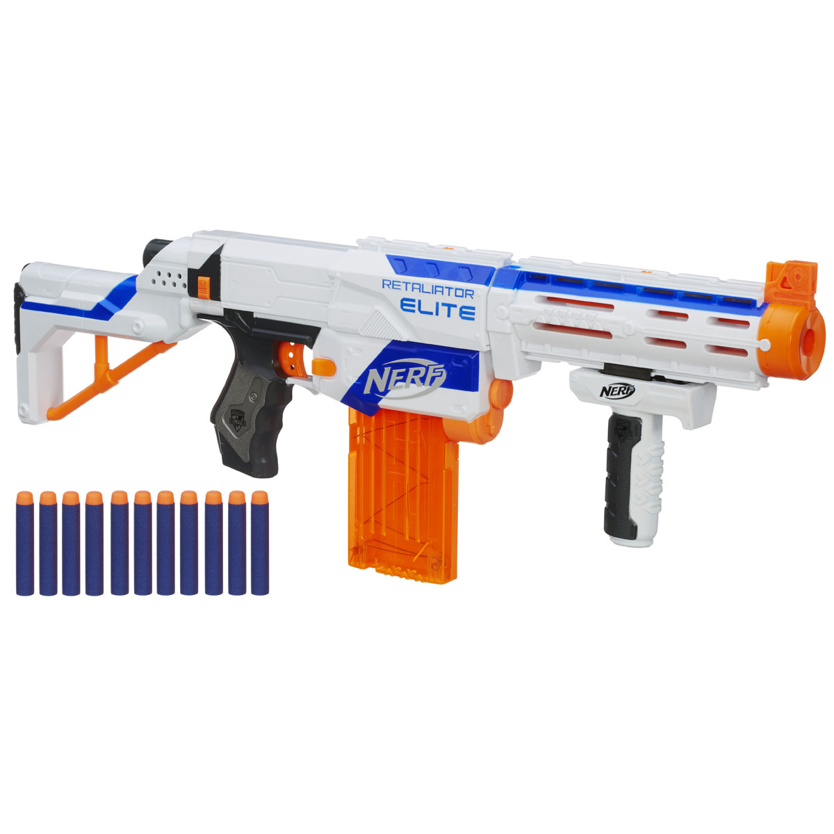 Nerf Бластер Retaliator, с патронами, цвет: белый, 4 в 198696E35 Nerf Бластер Retaliator, с патронами, цвет: белый, 4 в 198696E35Бластер Nerf Retaliator позволит вашему ребенку почувствовать себя во всеоружии! Бластер выполнен из безопасного пластика и снабжен съемными прикладом и стволом, обоймой и крепежной ручкой - таким образом, его можно трансформировать в 4 различных типа оружия. Комплект включает в себя элементы для сборки бластера и 12 патронов, выполненных из гибкого вспененного полимера. Бластер стреляет на расстояние до 20 метров. Такая игрушка не только порадует малыша, но и поможет ему совершенствовать мелкую и крупную моторику, а также координацию движений. Ребенок сможет соревноваться с друзьями в меткости и скорости стрельбы, или устроить настоящее космическое сражение!