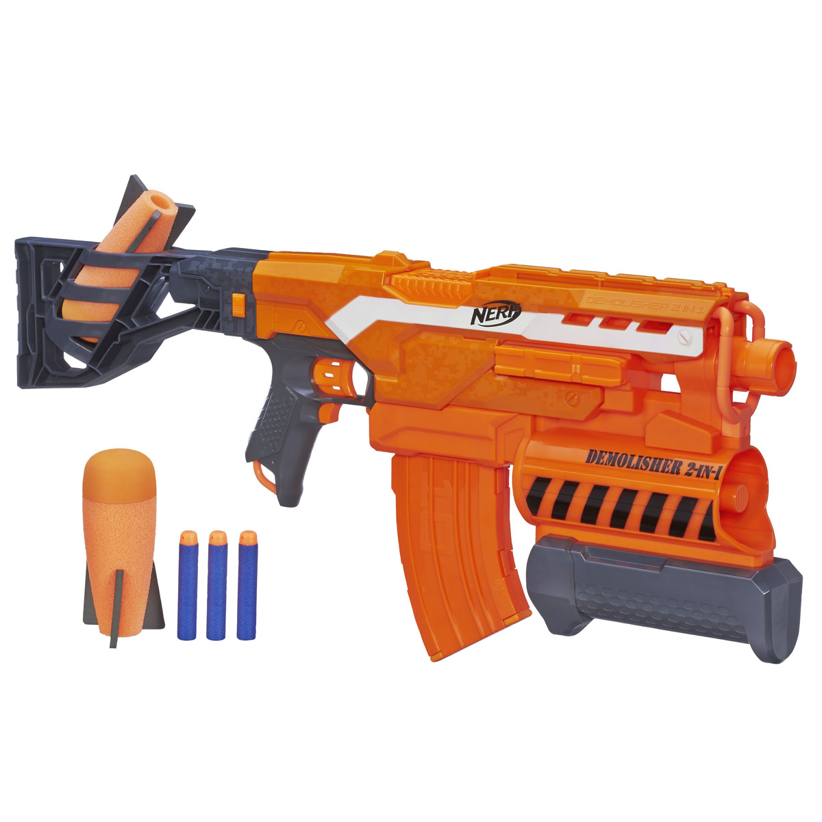 Nerf Бластер N-Strike Elite: Demolisher, 2в1, с патронами, цвет: оранжевыйA8494EU4 Nerf Бластер N-Strike Elite: Demolisher, 2в1, с патронами, цвет: оранжевыйA8494EU4Бластер Nerf N-Strike Elite: Demolisher позволит вашему ребенку почувствовать себя во всеоружии! Он выполнен из яркого безопасного пластика и снабжен подствольным гранатометом и обоймой на 10 патронов для суперскоростной стрельбы. Комплект включает в себя 10 патронов и 2 гранаты, выполненные из гибкого вспененного полимера. Стреляет на расстояние свыше 22 метров. Гранаты вылетают на расстояние до 16 метров! Игра с таким бластером поможет ребенку в развитии меткости, ловкости, координации движений и сноровки. Необходимо докупить 4 батарейки напряжением 1,5V типа АА (не входят в комплект).