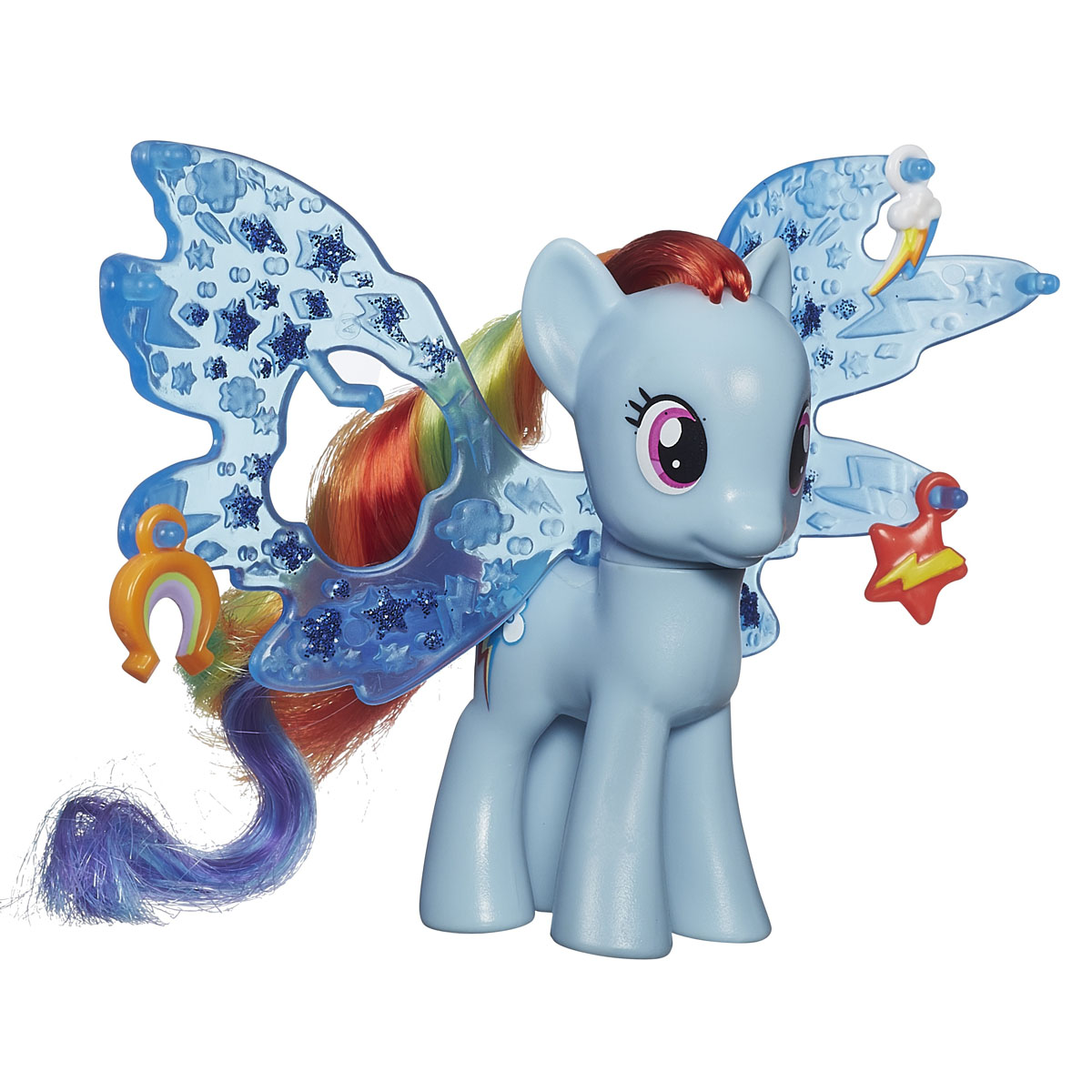 My Little Pony Рейнбоу Дэш с волшебными крыльями ДелюксB0671ES00 My Little Pony Рейнбоу Дэш с волшебными крыльями ДелюксB0671ES00Фигурка My Little Pony Рейнбоу Дэш с волшебными крыльями Делюкс непременно понравится вашей малышке. Она выполнена из безопасного пластика в виде симпатичной пони с красивыми большими глазами. Девочке непременно понравится заплетать и расчесывать роскошную гриву и хвостик пони. Голова игрушки подвижна. В комплект входят большие блестящие крылья, крепящиеся к спинке пони, которые при необходимости можно снять, а также 3 яркие подвески, которыми можно украсить крылышки. Пони готова играть не только на земле, но и в воздухе! Игры с такой игрушкой поспособствуют развитию у ребенка фантазии и любознательности, помогут овладеть навыками общения, воспитают чувство ответственности и заботы. Благодаря маленькому размеру фигурки ребенок сможет взять ее с собой на прогулку или в гости. Порадуйте свою малышку таким замечательным подарком!