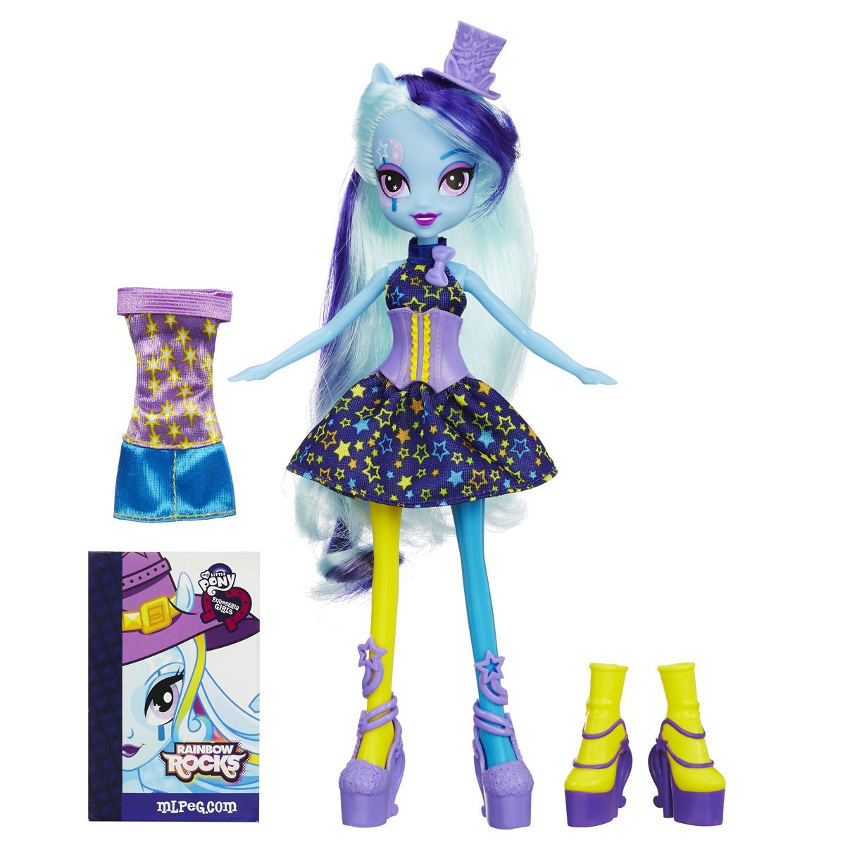 My Little Pony Кукла Модница ТриксиA9892_A8841_Solid My Little Pony Кукла Модница ТриксиA9892_A8841_SolidКуклы пони-девочки из мультфильма Equestria Girl (Девочки из Эквестрии) - это удивительные и очаровательные куклы, которых так давно ждали ценители маленьких пони. В серии Rainbow Rocks все куклы - звезды рок-группы, они очень стильно одеты и шикарно выглядят. Каждая кукла - яркая индивидуальность! Кукла My Little Pony Equestria Girls Модница Трикси в точности повторяет внешний вид героини из мультфильма. Кукла выполнена в виде девочки-пони Трикси. Ее эффектный образ создан специально для выступления на рок-концерте. Девочке непременно понравится расчесывать и заплетать ее длинные голубые волосы. Куколка одета в синее платье с корсетом, украшенное звездным принтом, на ногах у нее - фиолетовые туфельки. Стильный образ дополняет фиолетовая шляпка-цилиндр. В комплект также входит дополнительный наряд для куколки - короткое платье и желто-фиолетовые полусапожки. Голова, ручки и ножки куколки подвижны, благодаря чему ей можно придавать различные позы. Игры...