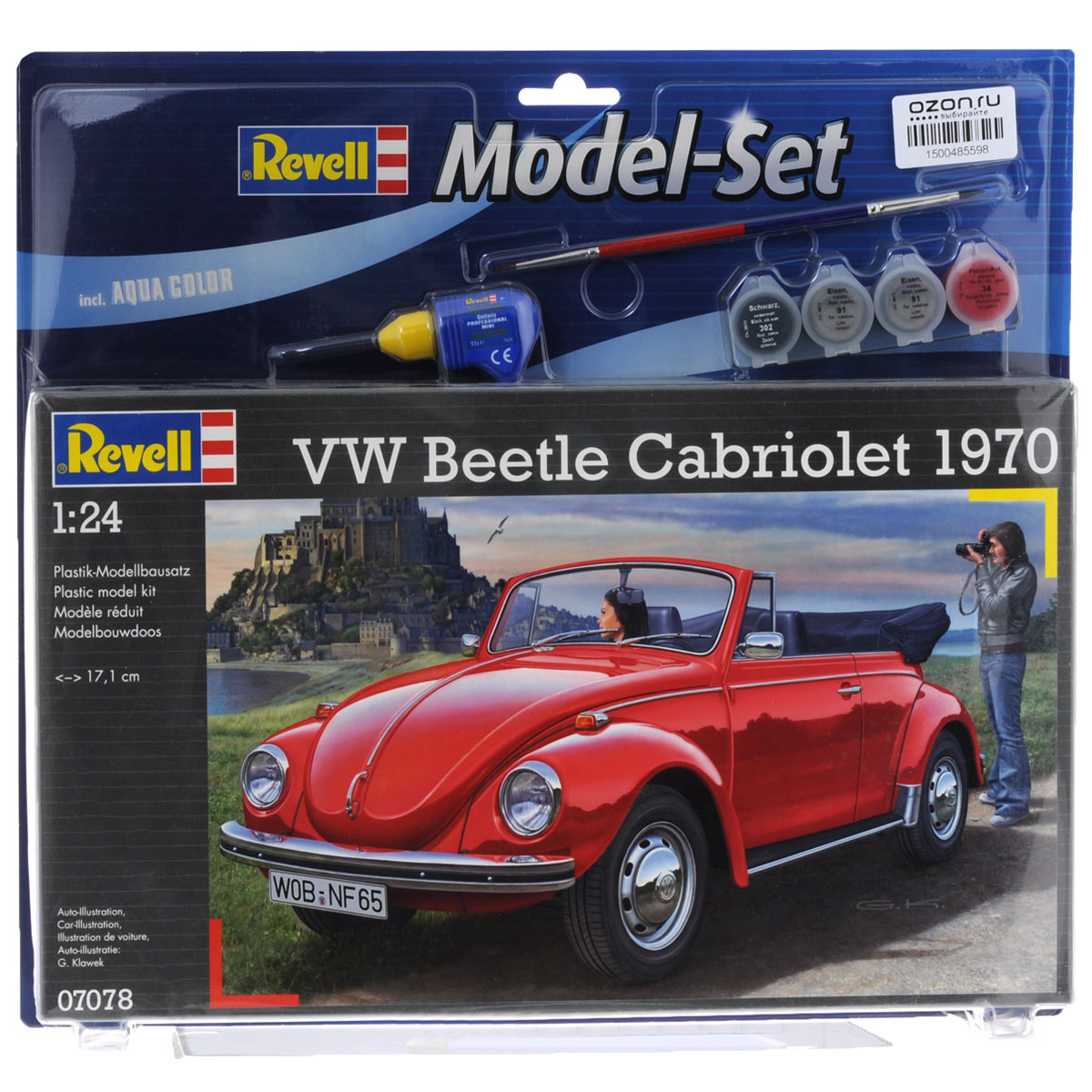 Набор для сборки и раскрашивания модели Revell Автомобиль VW Beetle Cabriolet 197067078 Набор для сборки и раскрашивания модели Revell Автомобиль VW Beetle Cabriolet 197067078Набор для сборки и раскрашивания модели Revell Автомобиль VW Beetle Cabriolet 1970 вы и ваш ребенок сможете собрать уменьшенную копию одноименного автомобиля. Набор включает в себя 122 пластиковых элемента для сборки модели, краски четырех цветов, двустороннюю кисточку, клей и схематичную инструкцию по сборке. Благодаря набору ваш ребенок научится различать цвета, творчески решать поставленные задачи, разовьет интеллектуальные и инструментальные способности, воображение, конструктивное мышление, внимание, терпение и кругозор. Уровень сложности: 3.
