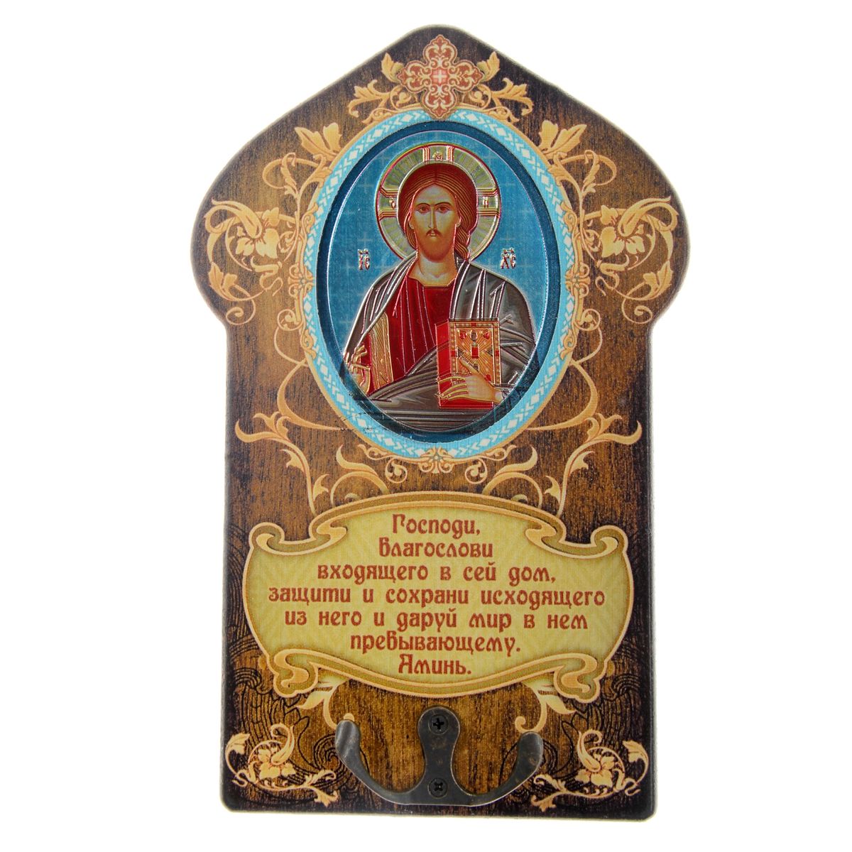 Ключница Sima-land Господь Вседержитель, 14 х 22 см187457 Ключница Sima-land Господь Вседержитель, 14 х 22 см187457Ключница Sima-land Господь Вседержитель с металлическими крючками, выполнена из качественного дерева. Изделие оформлено фольгированной иконой и молитвой. На обратной стороне ключницы имеется металлический подвес, за который ее удобно вешать на стену. Такая ключница будет достойным подарком с глубоким смыслом. Размер ключницы: 14 см х 22 см х 1 см.