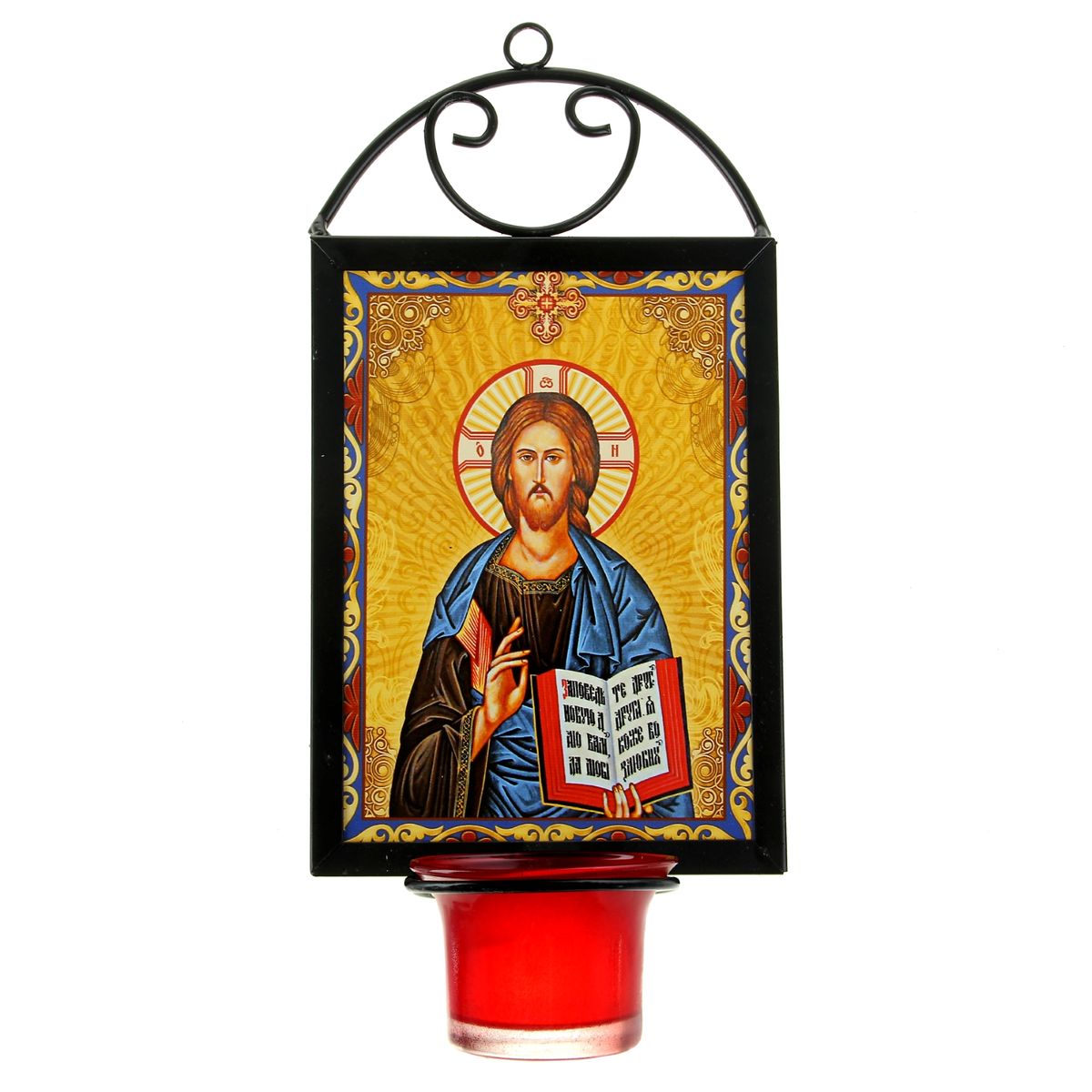 Икона Господь Вседержитель, с лампадой, 12 х 22 см190257 Икона Господь Вседержитель, с лампадой, 12 х 22 см190257Икона Господь Вседержитель выполнена из керамики в металлической рамке. Внизу рамки имеется отверстие для лампады, входящей в комплект. Изделие имеет петельку, благодаря которой икону удобно вешать на стену. Изображенный образ полностью соответствует канонам Русской Православной Церкви. Такая икона будет прекрасным подарком с духовной составляющей.