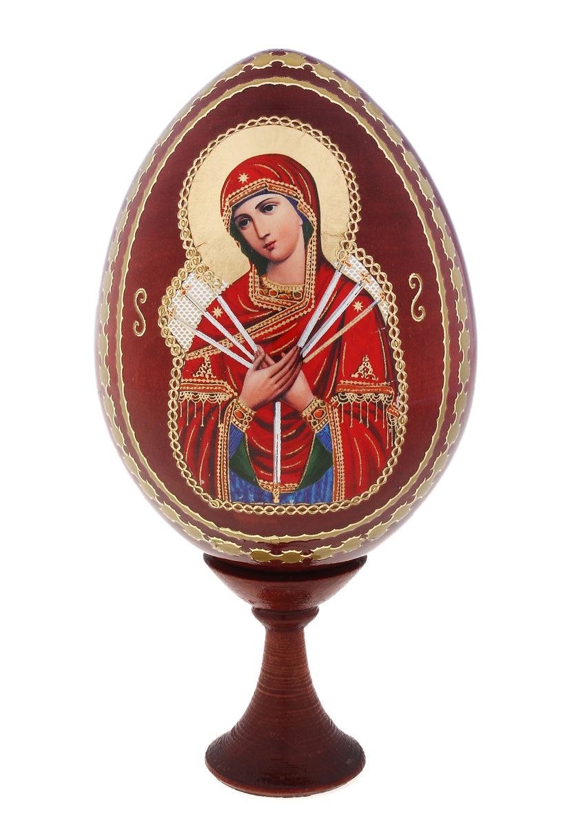 Яйцо декоративное Sima-land Семистрельная, на подставке, высота 12,5 см717155 Яйцо декоративное Sima-land Семистрельная, на подставке, высота 12,5 см717155Декоративное яйцо Sima-land Семистрельная изготовлено из дерева с лаковым покрытием. Яйцо оформлено изображением иконы Божьей Матери Семистрельная и золотыми узорами. Изделие располагается на деревянной подставке. Декоративное яйцо Sima-land Семистрельная принесет в ваш дом ощущение торжества, душевного уюта и станет идеальным подарком на Пасху. Диаметр яйца: 7 см. Высота яйца: 9,5 см. Размер подставки: 3 см х 3 см х 3 см.