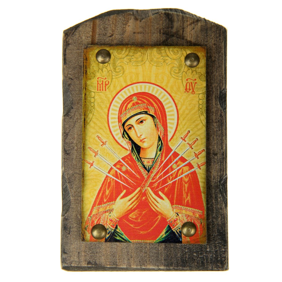 Икона на дереве Семистрельная икона Божией Матери, 9,5 х 15 см806939 Икона на дереве Семистрельная икона Божией Матери, 9,5 х 15 см806939Икона Семистрельная икона Божией Матери изготовлена из состаренного дерева с полноцветным изображением и металлическими элементами. Икона выполнена в стиле древних греческих икон. На ее обратной стороне имеется подвес, поэтому ее удобно вешать на стену. Изображенный образ полностью соответствует канонам Русской Православной Церкви. Икона выглядит по-настоящему богатой и старинной. Такая икона будет прекрасным подарком с духовной составляющей.