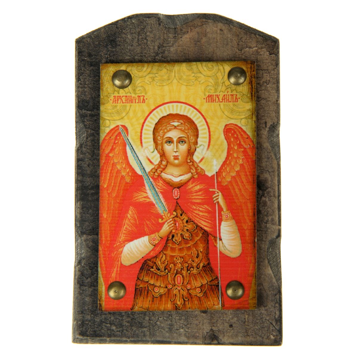 Икона на дереве Архангел Михаил, 9,5 см х 15 см806940 Икона на дереве Архангел Михаил, 9,5 см х 15 см806940Икона Архангел Михаил изготовлена из состаренного дерева с полноцветным изображением и металлическими элементами. Икона выполнена в стиле древних греческих икон. На ее обратной стороне имеется подвес, поэтому ее удобно вешать на стену. Изображенный образ полностью соответствует канонам Русской Православной Церкви. Икона выглядит по-настоящему богатой и старинной. Такая икона будет прекрасным подарком с духовной составляющей.