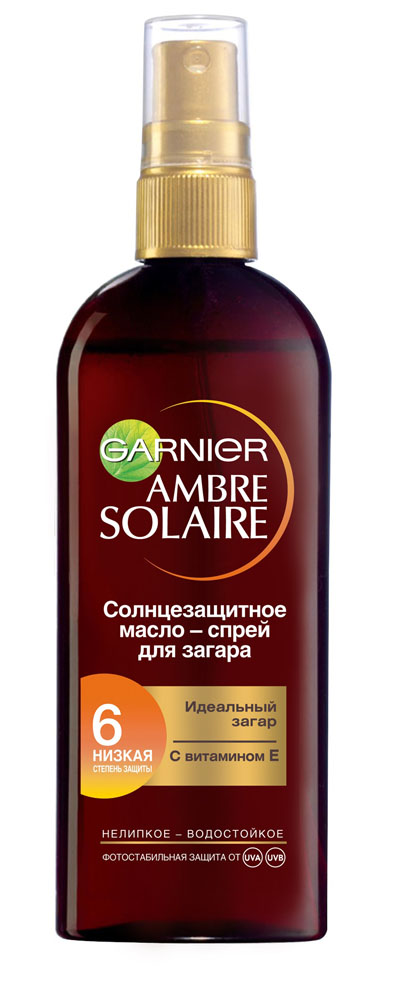 Garnier Солнцезащитное масло-спрей для тела Ambre Solaire, для интенсивного золотистого загара, водостойкое, SPF 6, 150 млC3630214 Garnier Солнцезащитное масло-спрей для тела Ambre Solaire, для интенсивного золотистого загара, водостойкое, SPF 6, 150 млC3630214Масло-спрей для загара С Витамином Е. Стойкая защита от UVA/UVB-лучей. Смягчает и питает. Водостойкое. Соответствует европейским рекоммендациям.