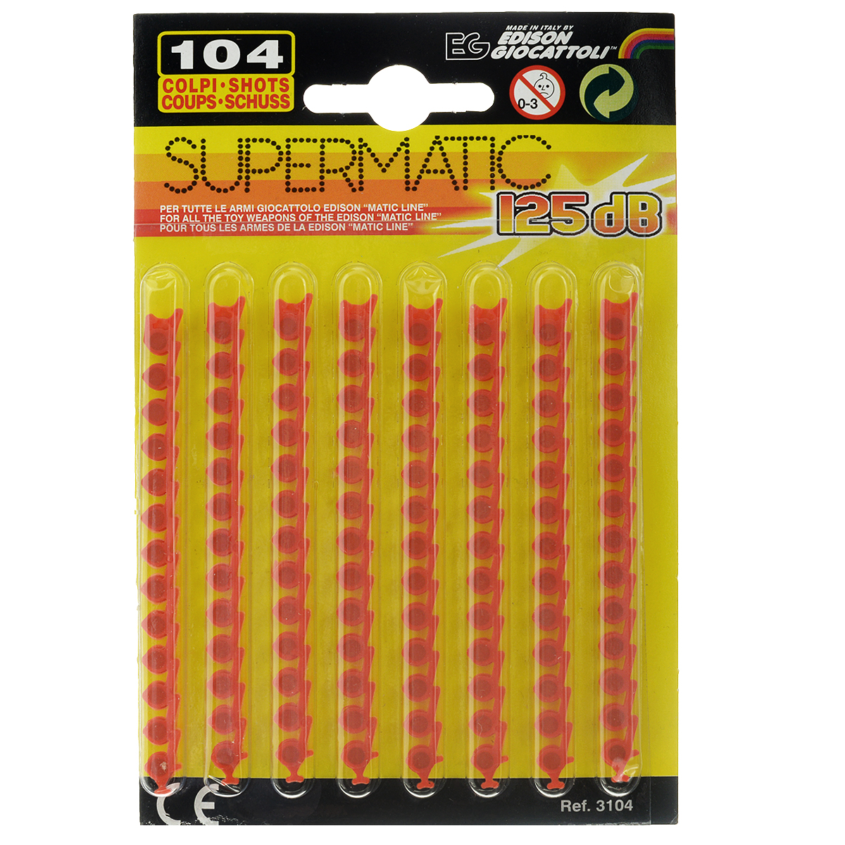 Пистоны Supermatic, 13-зарядные, 104 шт3104/46 Пистоны Supermatic, 13-зарядные, 104 шт3104/4613-зарядные пистоны из набора Supermatic сделают выстрелы из игрушечного оружия более реалистичными. Пистоны приобретаются в качестве дополнения к моделям детского оружия с магазином емкостью 13 зарядов. В набор входят 8 лент по 13 пистонов в каждой. Edison Giocattoli - итальянский производитель игрушечного оружия для социально-ролевых игр, развивающих в детях чувство справедливости, мышление, логику и активность. Все игрушки этого бренда изготовлены из безопасных для здоровья детей материалов.