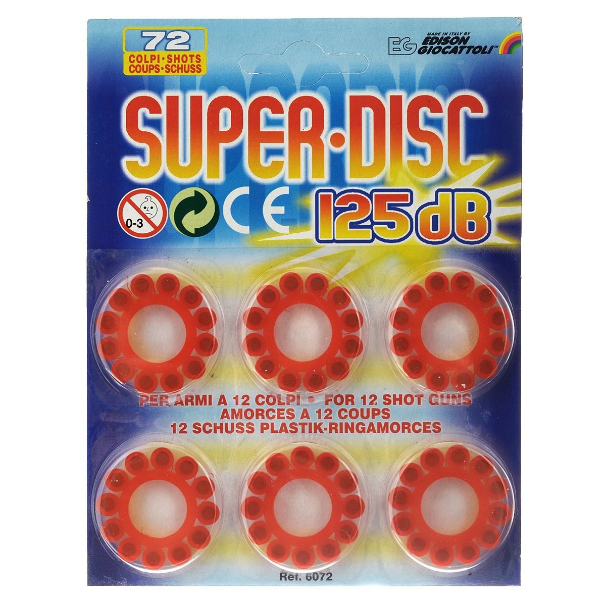 Пистоны Super Disc, 12-зарядные, 72 шт6072 Пистоны Super Disc, 12-зарядные, 72 шт607212-зарядные пистоны из набора Super Disc сделают выстрелы из игрушечного оружия более реалистичными. Пистоны предназначены для стандартных пистолетов с барабаном, рассчитанным на 12 зарядов. В набор входят 6 колец по 12 пистонов в каждом. Edison Giocattoli — итальянский производитель игрушечного оружия для социально-ролевых игр, развивающих в детях чувство справедливости, мышление, логику и активность. Все игрушки этого бренда изготовлены из безопасных для здоровья детей материалов.