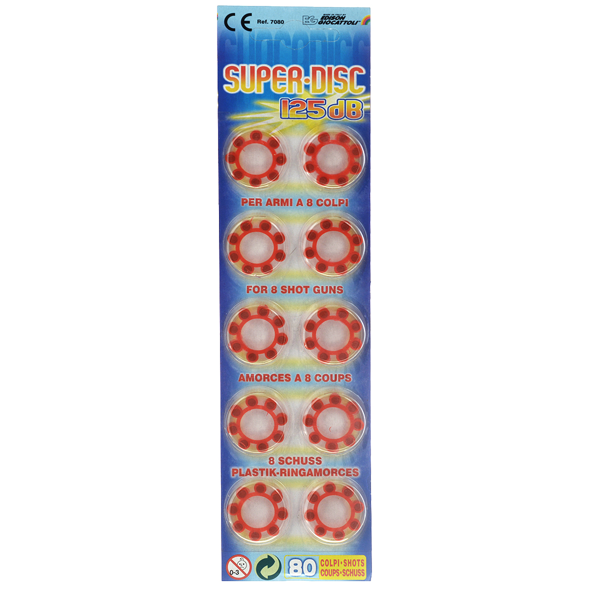 Пистоны Super Disc, 8-зарядные, 80 шт7080/46 Пистоны Super Disc, 8-зарядные, 80 шт7080/468-зарядные пистоны из набора Super Disc сделают выстрелы из игрушечного оружия более реалистичными. Пистоны предназначены для пистолетов и револьверов с барабаном, рассчитанным на 8 зарядов. В набор входят 10 колец по 8 пистонов в каждом. Edison Giocattoli — итальянский производитель игрушечного оружия для социально-ролевых игр, развивающих в детях чувство справедливости, мышление, логику и активность. Все игрушки этого бренда изготовлены из безопасных для здоровья детей материалов.