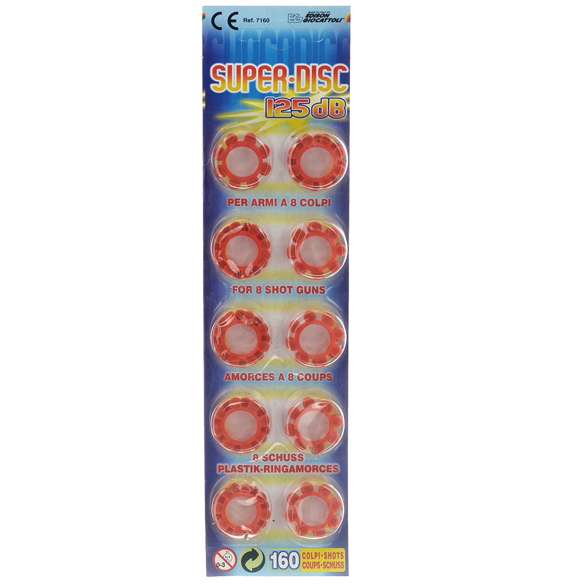 Пистоны Super Disc, 8-зарядные, 160 шт7160/46 Пистоны Super Disc, 8-зарядные, 160 шт7160/468-зарядные пистоны из набора Super Disc сделают выстрелы из игрушечного оружия более реалистичными. Пистоны предназначены для любых пистолетов с барабаном, рассчитанным на 8 зарядов. В набор входят 20 колец по 8 пистонов в каждом. Edison Giocattoli — итальянский производитель игрушечного оружия для социально-ролевых игр, развивающих в детях чувство справедливости, мышление, логику и активность. Все игрушки этого бренда изготовлены из безопасных для здоровья детей материалов.