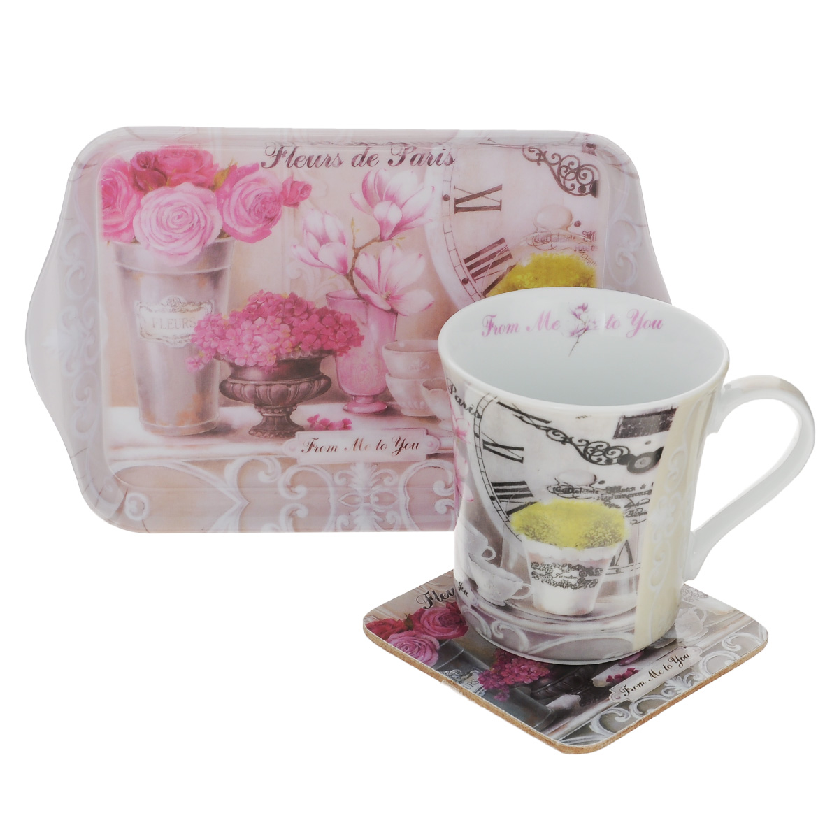 Набор чайный GiftnHome Парижские цветы, 3 предметаM0865-Fdp1 Набор чайный GiftnHome Парижские цветы, 3 предметаM0865-Fdp1Чайный набор GiftnHome Парижские цветы состоит из кружки, подноса и подставки под кружку. Все изделия декорированы красочным изображением цветов. Кружка изготовлена из высококачественного фарфора. Поднос изготовлен из высококачественного пластика и предназначен для красивой сервировки стола. Подставка под кружку изготовлена из пробки. Ламинированное покрытие подставки обеспечивает стойкость к высоким температурам. Такая подставка защитит поверхность стола от загрязнений и воздействия высоких температур напитка. Оригинальный набор порадует вас своим дизайном и станет неизменным атрибутом чаепития. Чайный набор GiftnHome Парижские цветы прекрасно подойдет в качестве сувенира и привнесет индивидуальности в обычную сервировку стола. Диаметр кружки: 8,5 см. Высота: 9,5 см. Объем: 300 мл. Размер подноса: 21 см х 14 см х 1,7 см. Размер подставки: 10 см х 10 см х 2 см.