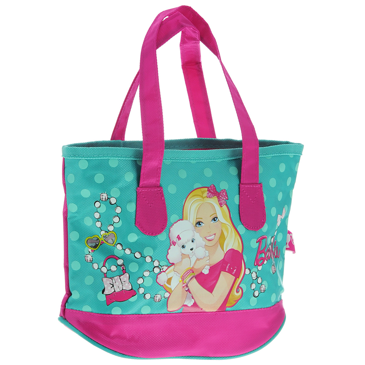 Сумка детская Barbie, цвет: бирюзовый, розовыйBRAP-UT-930 Сумка детская Barbie, цвет: бирюзовый, розовыйBRAP-UT-930Детская сумка Barbie выполнена из прочного полиэстера и оформлена термоаппликацией с изображением Барби, обнимающей белого пуделя. Сумочка содержит одно отделение и закрывается на застежку-молнию. Сумочка оснащена двумя ручками для переноски. Рекомендуемый возраст: от 3 лет.