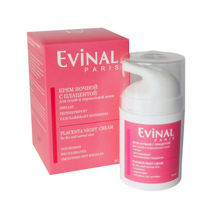 Крем Evinal с экстрактом плаценты, ночной, для сухой и нормальной кожи, 50 мл0981 Крем Evinal с экстрактом плаценты, ночной, для сухой и нормальной кожи, 50 мл0981Регенерирующий ночной крем Evinal от морщин обеспечивает комплексный уход за кожей лица, воздействуя на нее в часы сна. Стимулирует пять основных функций, обеспечивающих молодой вид кожной поверхности: регенерацию, увлажнение, питание, кислородный обмен и защиту от воздействия неблагоприятных факторов окружающей среды. Ферменты плаценты, содержащиеся в креме нейтрализуют действие свободных радикалов, оказывающих решающее воздействие на процессы старения. Питает и увлажняет за счет высокого содержания аминокислот и гиалуроновой кислоты. Благодаря тонкой текстуре, равномерно распределяющей активные компоненты, хорошо впитывается и усваивается всеми слоями эпидермиса.