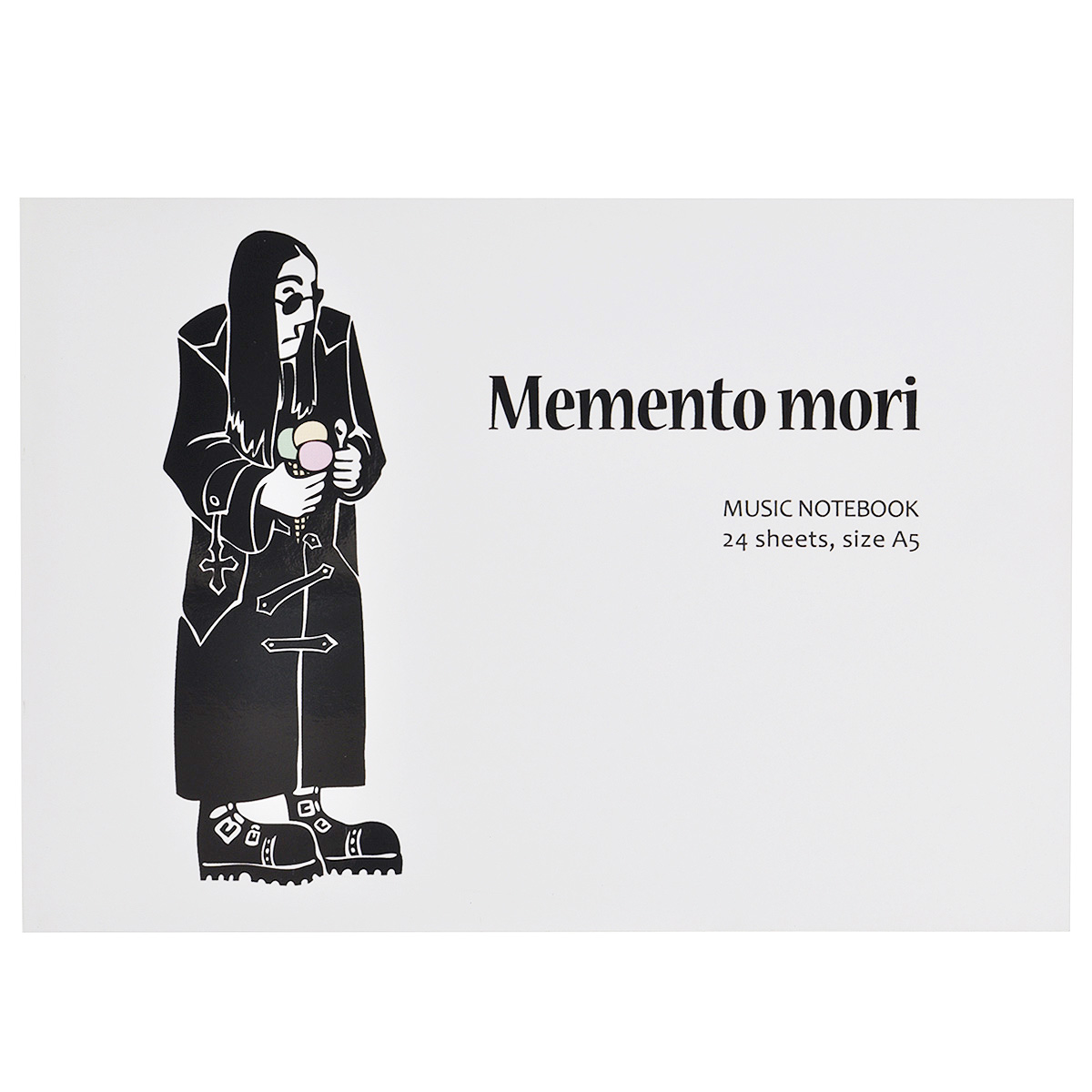 Тетрадь для нот Memento Mori, 24 листа. Формат А5ЦБ010691 Тетрадь для нот Memento Mori, 24 листа. Формат А5ЦБ010691Тетрадь для нот Memento Mori - отличный помощник в обучении музыке. Обложка выполнена из картона и оформлена изображением человека в черном плаще с мороженым в руке. Внутренний блок включает 24 листа с нотными станами.