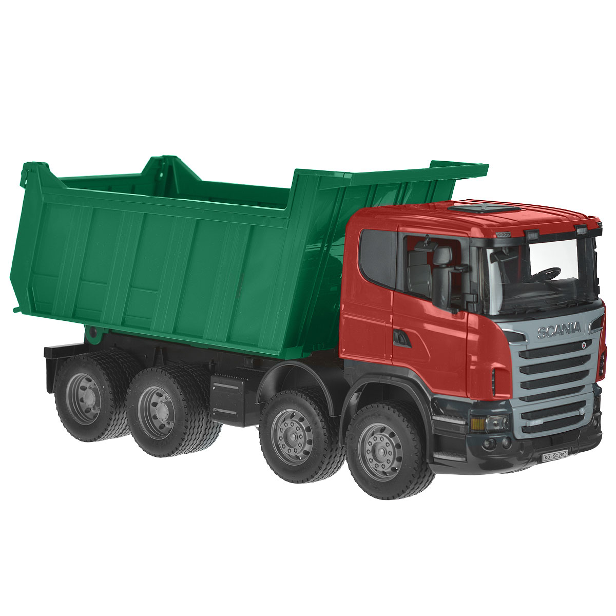 Bruder Самосвал Scania цвет зеленый красный03-550 Bruder Самосвал Scania цвет зеленый красный03-550Самосвал Bruder Scania, выполненный из прочного безопасного материала красного и зеленого цветов, отлично подойдет ребенку для различных игр. Машина является уменьшенной копией самосвала фирмы Scania. Самосвал оснащен вместительным опрокидывающимся кузовом, задний борт которого открывается. Зеркала складываются. В кабину помещается небольшая игрушка. Прорезиненные колеса обеспечивают машине устойчивость и хорошую проходимость. К самосвалу подходит модуль со световыми и звуковыми эффектами (не входит в комплект). Ваш юный строитель сможет прекрасно провести время дома или на улице, воспроизводя свою стройку.