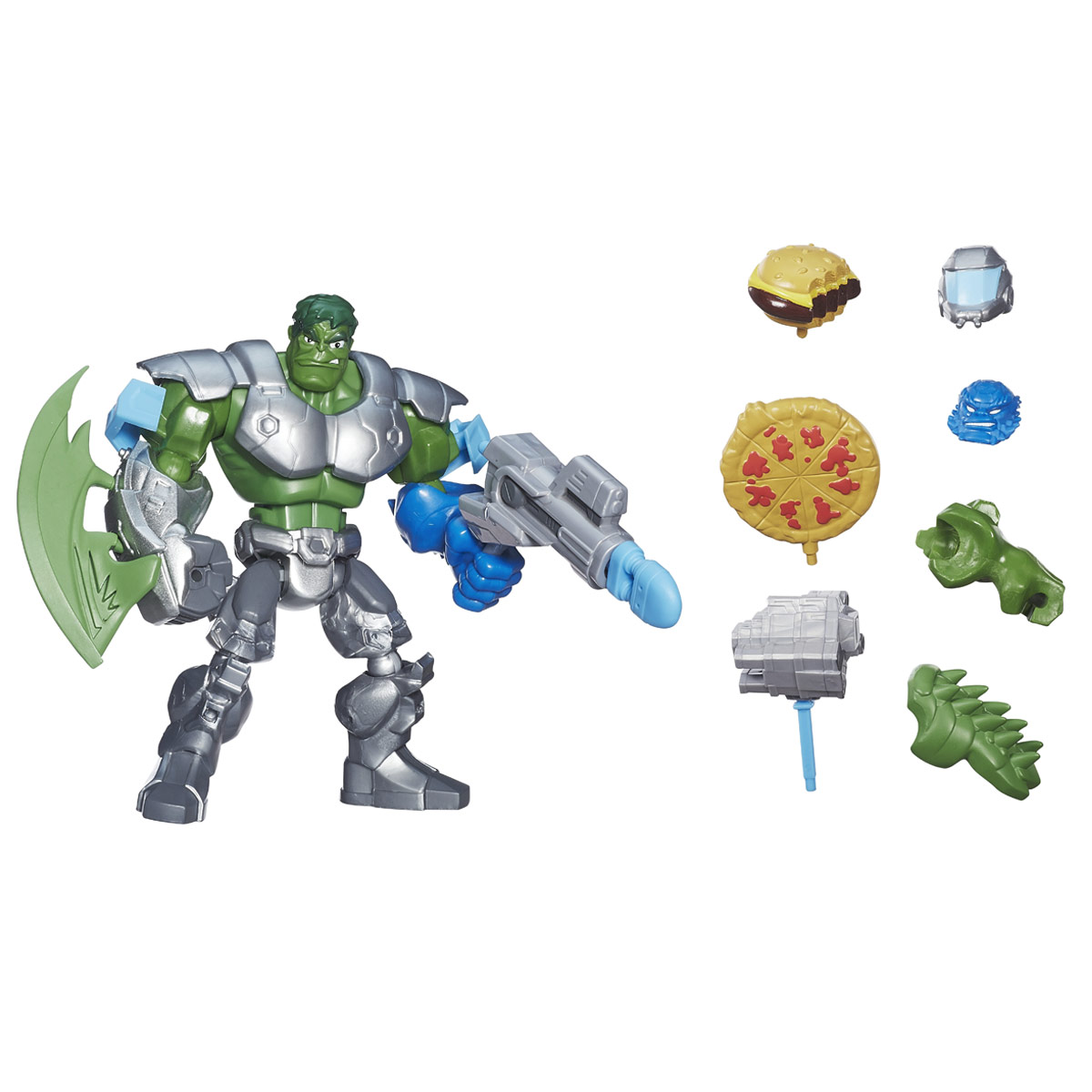 Разборная фигурка Super Hero Mashers Hulk, с аксессуарамиB0677EU4 Разборная фигурка Super Hero Mashers Hulk, с аксессуарамиB0677EU4Разборная фигурка Super Hero Mashers Hulk обязательно понравится любому маленькому поклоннику комиксов и мультфильмов о супергероях! Фигурка выполнена из прочного пластика в виде могучего супергероя Халка. Голова, руки и ноги фигурки подвижны, вращаются и сгибаются, а также отделяются от корпуса. В комплект также входят дополнительные элементы, которые позволят малышу усилить супергероя, или даже создать своего собственного: шлем и броня для Халка, пулемет со снарядом, пицца, гамбургер, часть брони рептилии, 2 наплечника, ракетница, а также сменная голова и рука супергероя А-Бомба. Фигурка совместима с другими фигурками из серии Super Hero Mashers. Собрав коллекцию фигурок от Hasbro, вы сможете создать своего супергероя, объединяя способности разных героев комиксов Marvel. Все элементы обладают единым способом крепления, что позволяет создавать различные комбинации. Ребенок с удовольствием будет играть с фигуркой, придумывая разные истории. Порадуйте его таким...