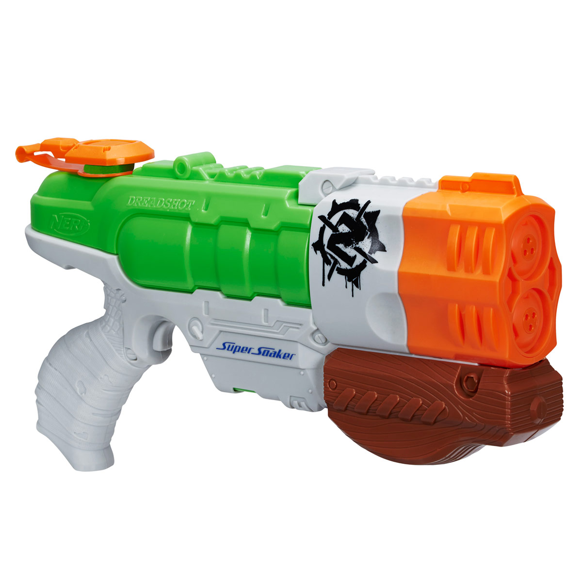 Nerf Водный бластер Super Soaker: ДрэдшотA9467EU40 Nerf Водный бластер Super Soaker: ДрэдшотA9467EU40Водный бластер Nerf Super Soaker: Дрэдшот станет отличным развлечением для детей в жаркую летнюю погоду. Бластер выполнен из прочного безопасного пластика ярких цветов и невероятно прост в использовании. Заполните резервуар водой и начинайте стрелять! При нажатии на курок бластер выстреливает струей воды на расстояние до 9 м. Бластер оснащен двойным дулом, что позволяет выпускать 2 струи одновременно. На рукоятке бластера расположена кнопка, при нажатии на которую корпус начнет светиться. Вместительность резервуара: 709 мл. Такая игрушка не только порадует малыша, но и поможет ему совершенствовать мелкую и крупную моторику, а также координацию движений. С водным бластером ваш малыш сможет устроить настоящее водное сражение! Необходимо докупить 3 батарейки напряжением 1,5V типа ААА (не входят в комплект).