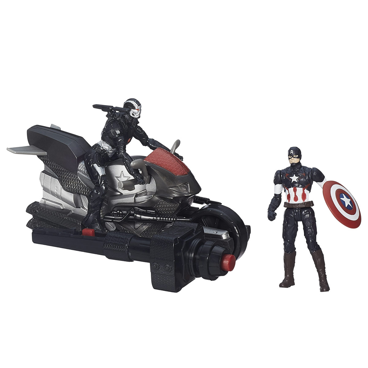 Игровой набор Avengers Captain America & Marvels War MachineB5769EU4_B1499 Игровой набор Avengers Captain America & Marvels War MachineB5769EU4_B1499Игровой набор Avengers Captain America & Marvels War Machine непременно привлечет внимание вашего ребенка и не позволит ему скучать. Набор включает в себя две фигурки супергероев - Капитана Америки и Воителя, а также мотоцикл для Воителя ключ зажигания. Фигурки выполнены из прочного безопасного пластика. Они в точности повторяют внешний вид героев фильма. Голова, руки и ноги фигурки Капитана Америки подвижны, что позволяет придавать ей различные позы и открывает малышу неограниченный простор для игр. При помощи оригинального пускового ключа, вы сможете запустить мотоцикл - вставьте его в специальное углубление, нажмите на кнопку, и мотоцикл быстро поедет вперед. Фигурки отличаются высоким качеством исполнения и детализации. Такой набор обязательно понравится вашему малышу, и он проведет множество счастливых мгновений, играя с ним и придумывая различные истории.