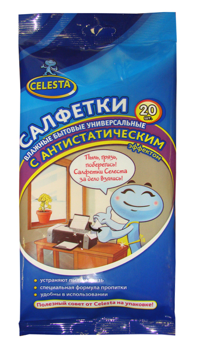 Салфетки влажные Celesta, универсальные, с антистатическим эффектом, 20 шт14347 Салфетки влажные Celesta, универсальные, с антистатическим эффектом, 20 шт14347Влажные бытовые салфетки Celesta предназначены для ухода за мебелью и любыми стеклянными и пластиковыми поверхностями. Благодаря специальной формуле пропитки антистатик на некоторое время не позволяют пыли оседать вновь на поверхности. Не оставляют разводов. Пропитывающий состав безопасен для кожи рук.