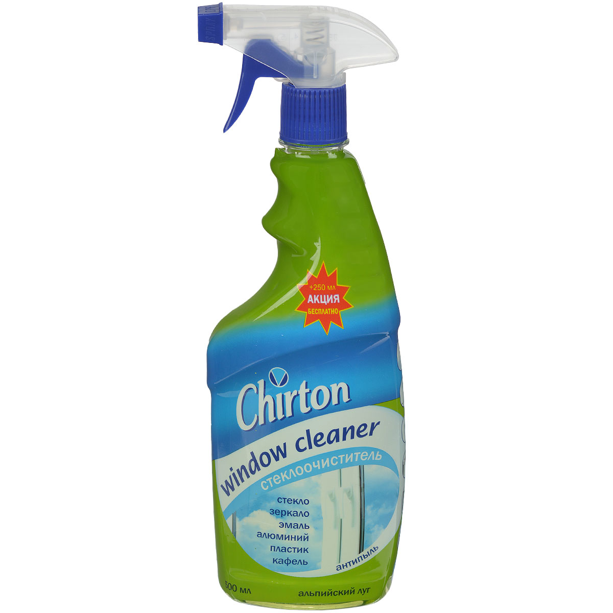 Стеклоочиститель Chirton, с ароматом альпийскийского луга, 500 мл910368 Стеклоочиститель Chirton, с ароматом альпийскийского луга, 500 мл910368Стеклоочиститель Chirton идеально подходит для очистки стекол, зеркал, эмали, алюминия, пластика и кафеля. Эффективно удаляет пыль, грязь, следы от пальцев. Не оставляет разводов и придает стеклу ослепительный блеск. Имеет превосходное антистатическое действие, которое предотвращает накопление пыли на поверхности. Эргономичный флакон оснащен высоконадежным курковым распылителем, дающим возможность пенообразования при распылении, позволяющим легко и экономично наносить раствор на загрязненную поверхность. Состав: вода очищенная, изопропанол, анионные ПАВ менее 5%, этиленгликоль, парфюмерная композиция, краситель. Товар сертифицирован.