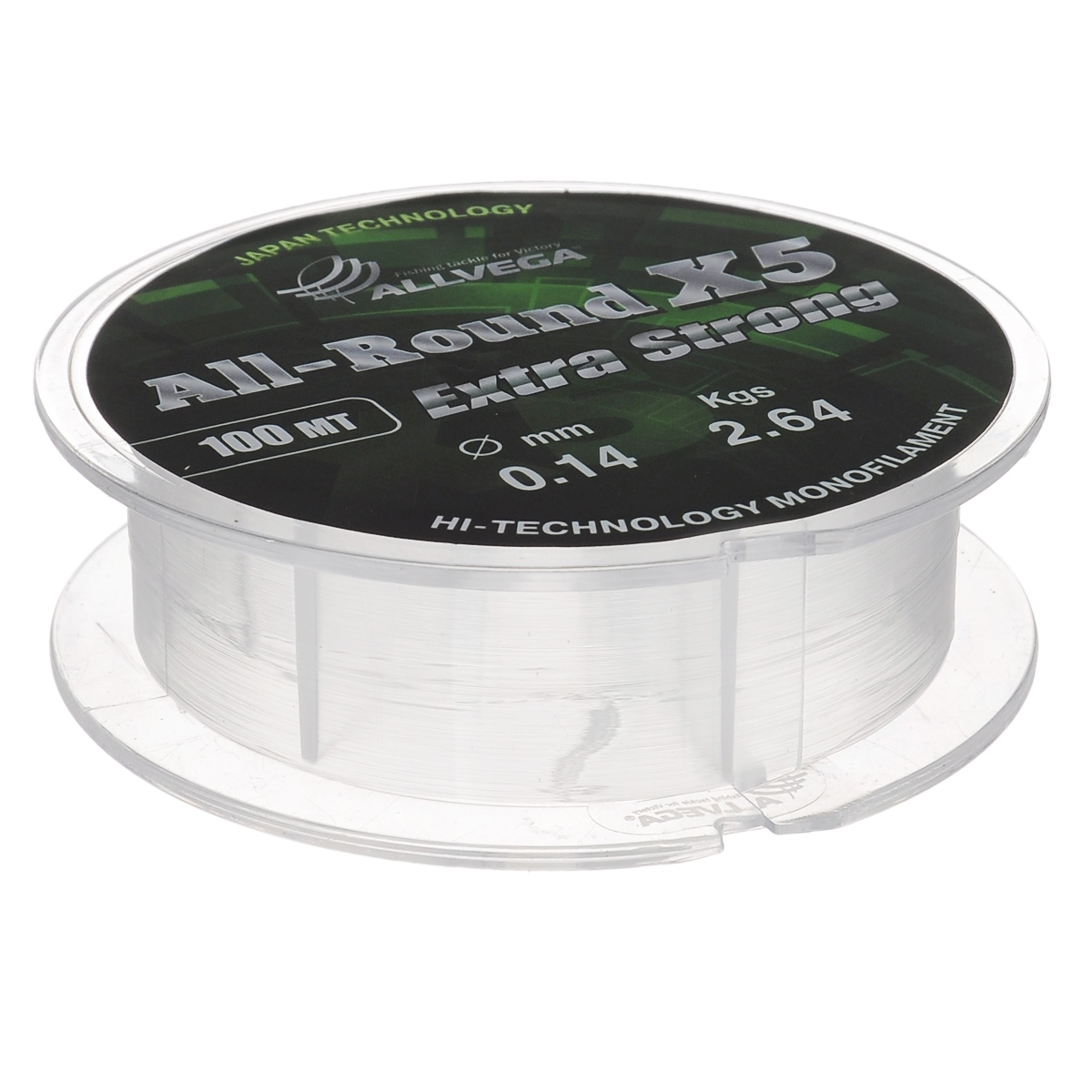 Леска Allvega All-Round X5, цвет: прозрачный, 100 м, 0,14 мм, 2,64 кг39961 Леска Allvega All-Round X5, цвет: прозрачный, 100 м, 0,14 мм, 2,64 кг39961Универсальная прозрачная леска Allvega All-Round X5, изготовленная из японского сырья. Обладает высокими разрывными и износостойкими характеристиками. Применяется в летних поплавочных оснастках. Зимой отлично подойдет для ловли на мормышку и для оснащения зимних поплавочных удочек.