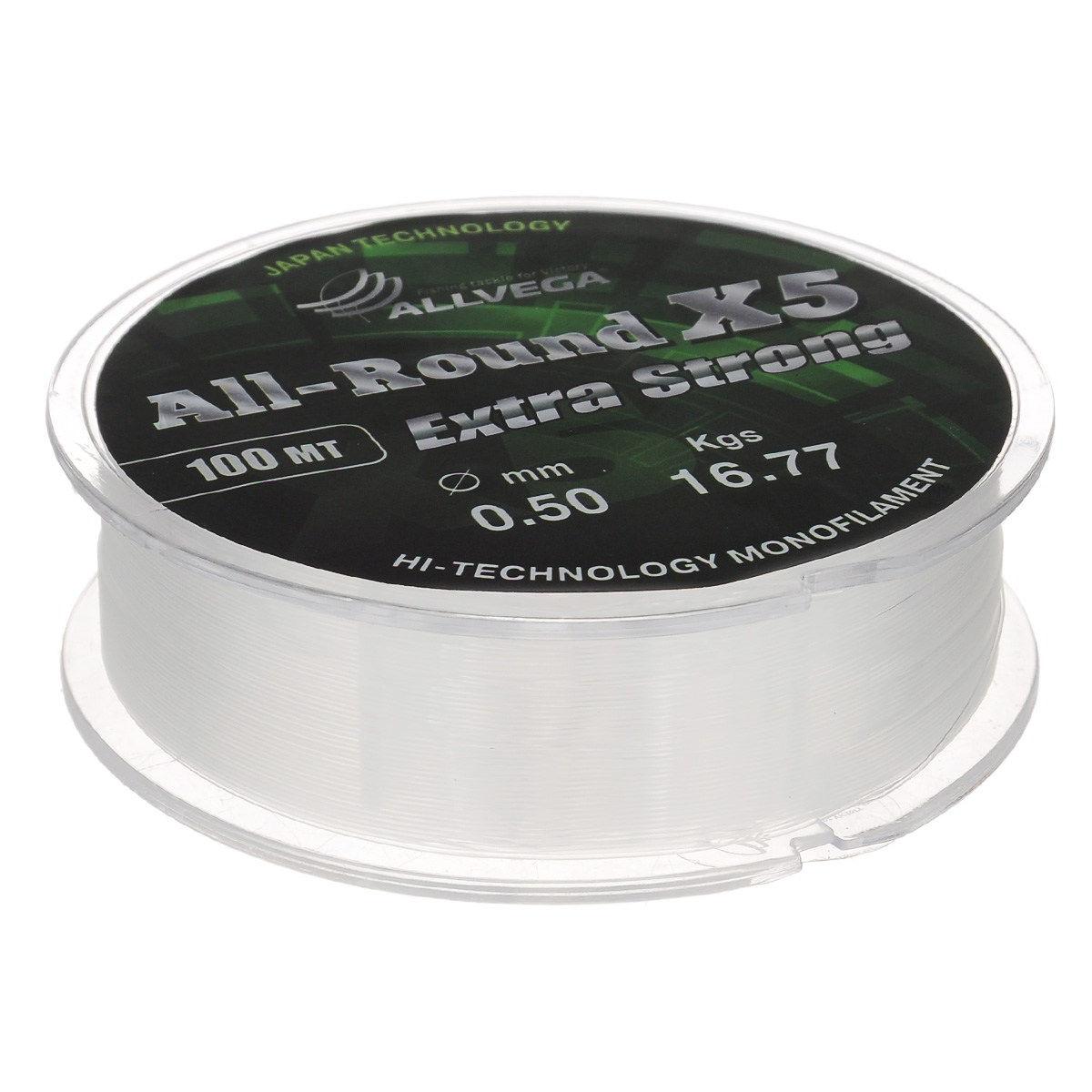 Леска Allvega All-Round X5, цвет: прозрачный, 100 м, 0,5 мм, 16,77 кг39970 Леска Allvega All-Round X5, цвет: прозрачный, 100 м, 0,5 мм, 16,77 кг39970Универсальная прозрачная леска Allvega All-Round X5, изготовленная из японского сырья. Обладает высокими разрывными и износостойкими характеристиками. Применяется в летних поплавочных оснастках. Зимой отлично подойдет для ловли на мормышку и для оснащения зимних поплавочных удочек.