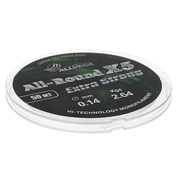 Леска Allvega All-Round X5, цвет: прозрачный, 50 м, 0,14 мм, 2,64 кг36145 Леска Allvega All-Round X5, цвет: прозрачный, 50 м, 0,14 мм, 2,64 кг36145Универсальная прозрачная леска Allvega All-Round X5, изготовленная из японского сырья. Обладает высокими разрывными и износостойкими характеристиками. Применяется в летних поплавочных оснастках. Зимой отлично подойдет для ловли на мормышку и для оснащения зимних поплавочных удочек.