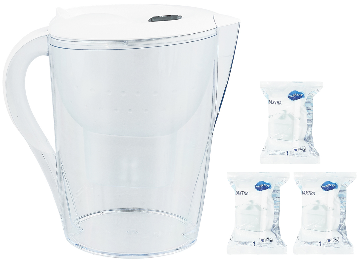 Фильтр-кувшин для воды Brita Marella XL, цвет: белый, 3 сменных картриджа, 3,5 л1010706 Фильтр-кувшин для воды Brita Marella XL, цвет: белый, 3 сменных картриджа, 3,5 л1010706Фильтр-кувшин Brita Marella XL, выполненный из пластика, станет необходимым помощником на вашей кухне. Вода, очищенная данным фильтром обладает рядом преимуществ: - улучшает вкус горячих и холодных напитков, - увеличивает срок службы бытовых приборов, препятствуя образованию накипи, - идеальна для приготовления вкусной и здоровой пищи, - придает более насыщенный вкус и аромат чаю и кофе. Технология картриджа Maxtra снижает содержание в воде таких веществ, как хлор, алюминий, тяжелые металлы (свинец и медь), некоторые пестициды и органические примеси. Также он отфильтровывает соли жесткости. Особенности данного фильтра: - только для Maxtra, - благодаря удобной функции (одним нажатием кнопки) заменить картридж очень просто, - откидная крышка в отверстии для заливки воды, - календарь: механический индикатор ресурса кассеты будет автоматически напоминать вам о необходимости заменить кассету через каждые 4...