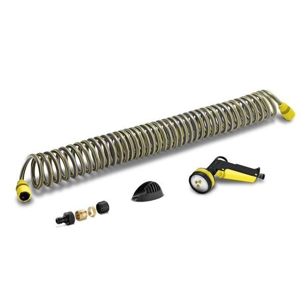 Шланг спиральный Karcher, с аксессуарами, 10 м 2.645-178.02.645-178.0 Шланг спиральный Karcher, с аксессуарами, 10 м 2.645-178.02.645-178.0Комплект Karcher 2.645-178 предназначен специально для направленного полива растений на садовом участке и в огороде. С помощью специального рычага легко и просто выбирать один из четырех режимов полива. Имеет удобную рукоятку с нескользящим покрытием. Конструкция пистолета ударопрочная и надежная, выполнена из металла, что гарантирует длительный срок эксплуатации. Пистолет используется для орошения небольших по площади территорий. Также его можно применять для чистки мебели и садового оборудования. Шланг предназначен для быстрого полива небольшой по площади территории. Его можно растянуть на длину до 10 м, после чего он сам вернется в обратное состояние. Шланг изготовлен из экологичного материала, прочен, безопасен, устойчив к УФ-излучению. Коннектор предназначен для крепления шлангов диаметрами 1/2, 5/8, 3/4 к другим элементам системы полива. Крепежная часть, изготовленная из анодированного алюминия, прочна и надежна. Один из коннекторов имеет функцию аквастоп, что...