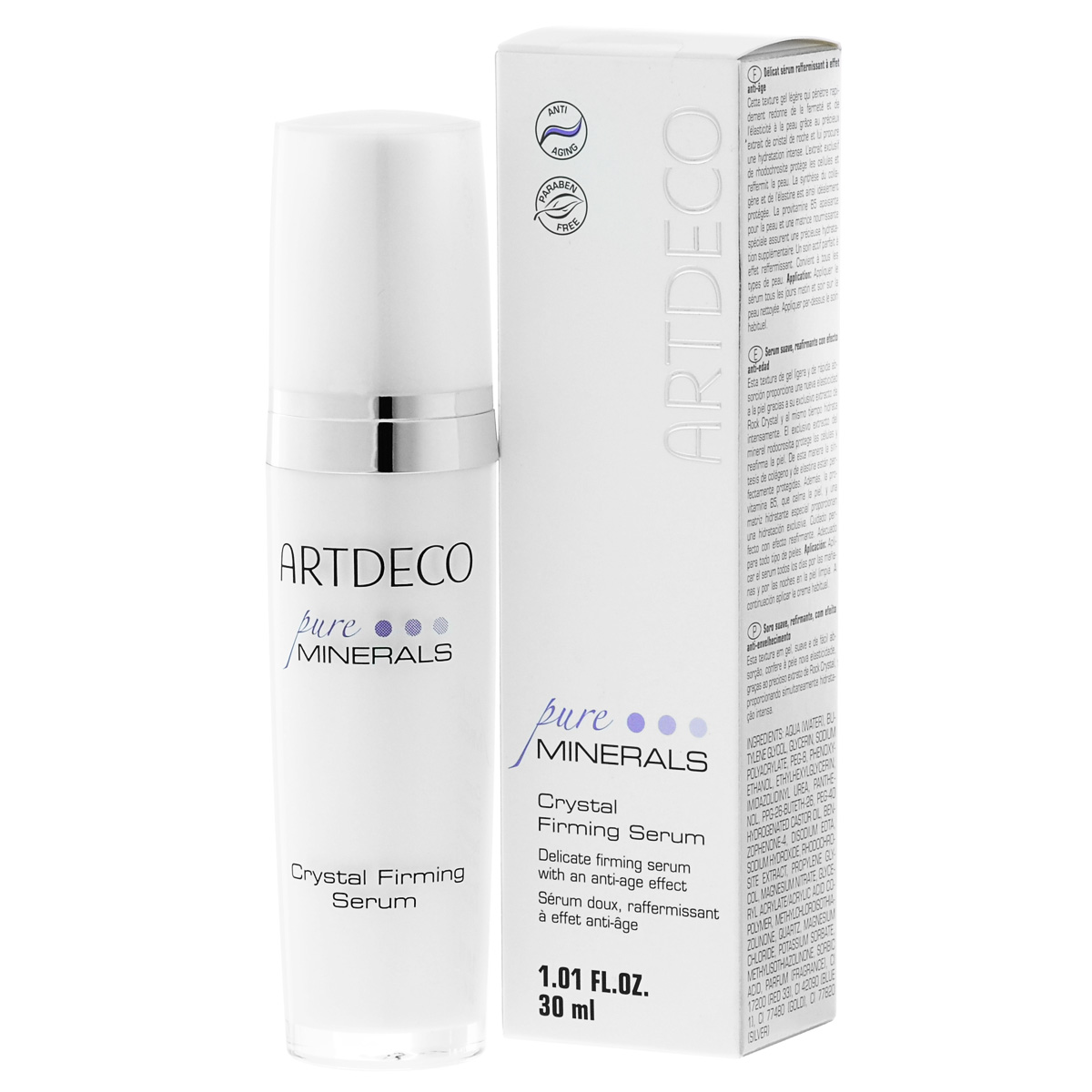 ARTDECO Сыворотка с эффектом лифтинга для лицаPure Minerals Crystal Firming Serum, 30 мл67504 ARTDECO Сыворотка с эффектом лифтинга для лицаPure Minerals Crystal Firming Serum, 30 мл67504Подтягивающая сыворотка с антивозрастным эффектом Уникальность высококачественного эликсира красоты заключается в экстракте горного хрусталя, который отличается большим содержанием кремния, придающего коже упругость. Кроме того, сыворотка содержит эксклюзивный экстракт родохрозита, который защищает клетки и стимулирует естественный синтез коллагена и эластина, придающие коже эластичность. Специальная увлажняющая формула обеспечивает стойкое и интенсивное увлажнение, при этом влага высвобождается именно там, где это необходимо для кожи. Другое преимущество инновационной технологии заключается в том, что кожа получает способность накапливать особенно большое количество влаги. Активный ингредиент пантенол оказывает смягчающее и успокаивающее действие. Эта идеальная укрепляющая антивозрастная сыворотка придает молодость, сияние Вашей коже и дарит ей несравненное ощущение бархатистости и нежности. Не содержит парабенов. Подходит для всех типов кожи. Переносимость кожей подтверждена...
