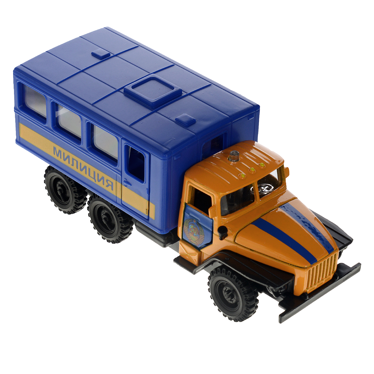 ТехноПарк Машинка инерционная Урал Старая милицияCT-1054-CAB-M(WB)_син_оранж ТехноПарк Машинка инерционная Урал Старая милицияCT-1054-CAB-M(WB)_син_оранжМашинка ТехноПарк Урал: Старая милиция, выполненная из пластика и металла, станет любимой игрушкой вашего малыша. Игрушка представляет собой модель старого милицейского автомобиля. Дверцы кабины водителя, кузов и капот открываются. При нажатии на кнопку на крыше машины, в кабине водителя замигают огоньки, и прозвучат команды диспетчера. Игрушка оснащена инерционным ходом. Машинку необходимо отвести назад, затем отпустить - и она быстро поедет вперед. Прорезиненные колеса обеспечивают надежное сцепление с любой поверхностью пола. Ваш ребенок будет часами играть с этой машинкой, придумывая различные истории. Порадуйте его таким замечательным подарком! Машинка работает от батареек (товар комплектуется демонстрационными).