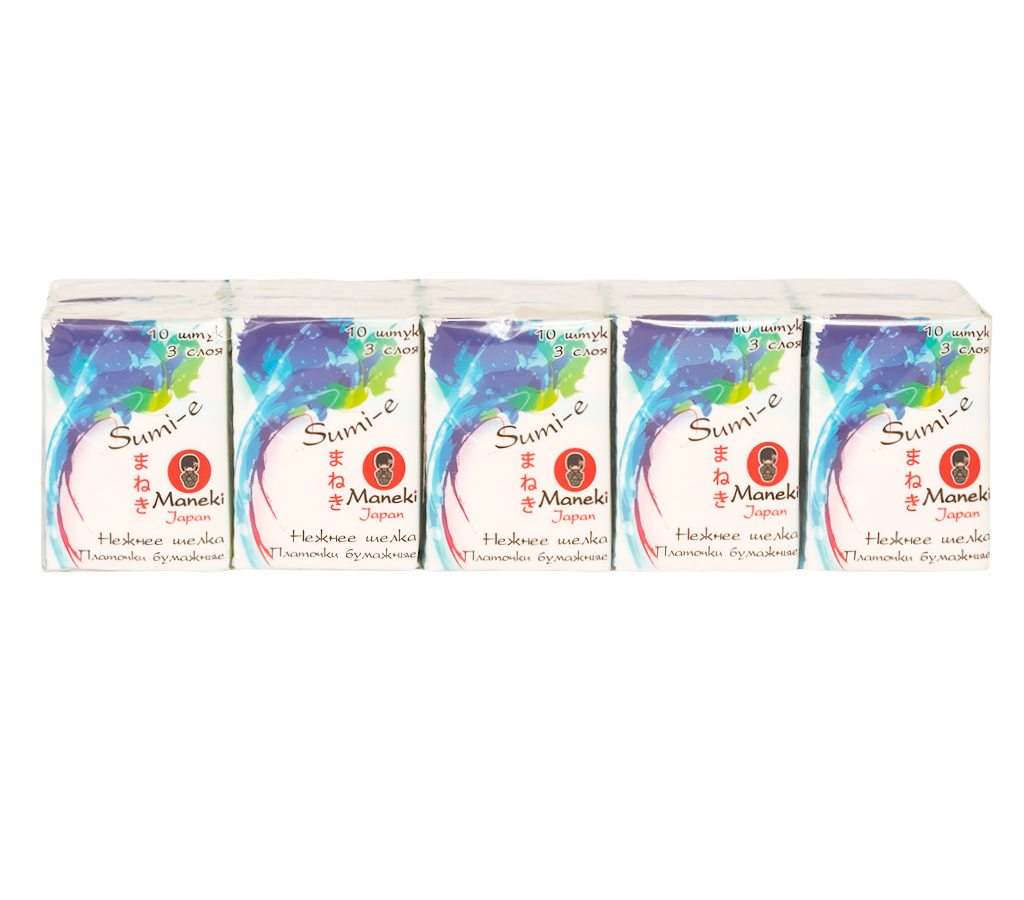 Maneki Платочки бумажные Sumi-e 3 слоя, 10 шт. в пачке, без аромата, 10 пачек36360110 Maneki Платочки бумажные Sumi-e 3 слоя, 10 шт. в пачке, без аромата, 10 пачек36360110произведены из 100% целлюлозы компактная упаковка отличная впитываемость мягкие, не вызывают раздражения кожи приятная на ощупь текстура