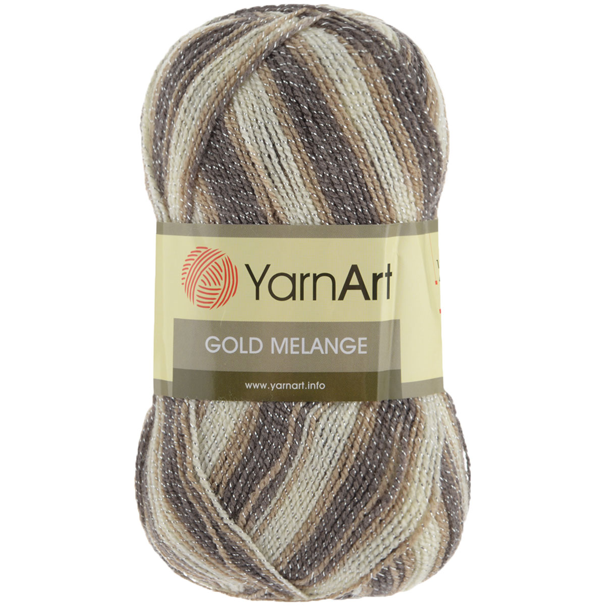Пряжа для вязания YarnArt Gold Melange, цвет: белый, бежевый, коричневый (9509), 400 м, 100 г, 5 шт372102_9509 Пряжа для вязания YarnArt Gold Melange, цвет: белый, бежевый, коричневый (9509), 400 м, 100 г, 5 шт372102_9509Пряжа YarnArt Gold Melange изготовлена из акрила с добавлением металлик полиэстера. Цвета плавно переходят один в другой, что очень удобно при вязании жаккардовым узором. Пряжа меланжевая, поэтому подходит для изделий под любой гардероб, идеальна для вязания шарфов и декоративной отделки вязаного изделия. Пряжа окрашена равномерно с помощью стойких высококачественных красителей, нить плотно скручена, полиэстер не выбивается в процессе вязания, петли ложатся равномерно. YarnArt Gold Melange - декоративная пряжа с широкой цветовой палитрой, предназначенная для демисезонной одежды. Акрил защищает готовое изделие от деформации после стирки и сушки. Вяжется легко и быстро. Даже новичкам доступно сделать неповторимое изделие. Стильная пряжа с привлекательным, благородным блестящим эффектом. Рекомендованные спицы и крючок № 2,75-3,25. Состав: 92% акрил, 8% металлик полиэстер.