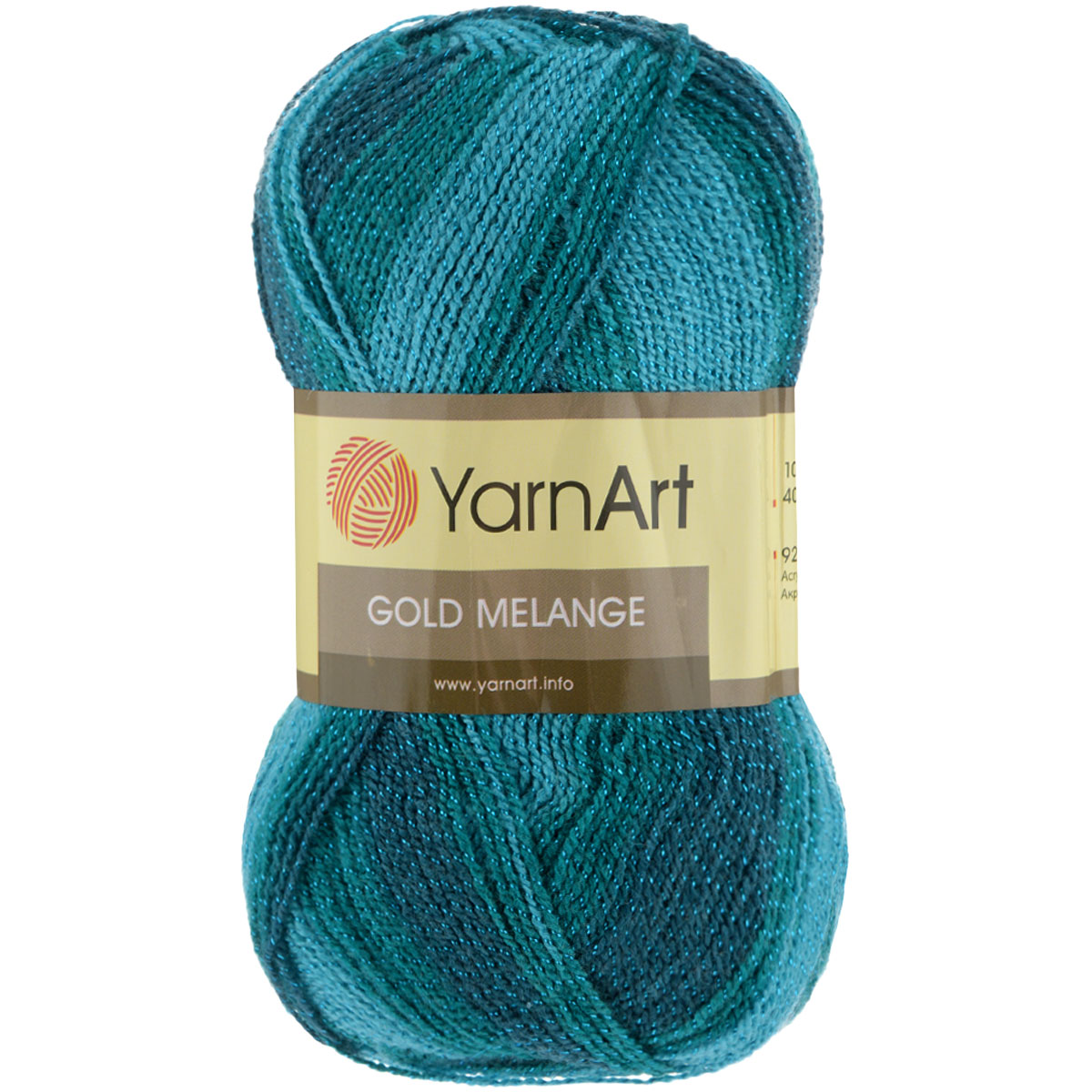 Пряжа для вязания YarnArt Gold Melange, цвет: голубой, бирюзовый, серый (9508), 400 м, 100 г, 5 шт372102_9508 Пряжа для вязания YarnArt Gold Melange, цвет: голубой, бирюзовый, серый (9508), 400 м, 100 г, 5 шт372102_9508Пряжа YarnArt Gold Melange изготовлена из акрила с добавлением металлик полиэстера. Цвета плавно переходят один в другой, что очень удобно при вязании жаккардовым узором. Пряжа меланжевая, поэтому подходит для изделий под любой гардероб, идеальна для вязания шарфов и декоративной отделки вязаного изделия. Пряжа окрашена равномерно с помощью стойких высококачественных красителей, нить плотно скручена, полиэстер не выбивается в процессе вязания, петли ложатся равномерно. YarnArt Gold Melange - декоративная пряжа с широкой цветовой палитрой, предназначенная для демисезонной одежды. Акрил защищает готовое изделие от деформации после стирки и сушки. Вяжется легко и быстро. Даже новичкам доступно сделать неповторимое изделие. Стильная пряжа с привлекательным, благородным блестящим эффектом. Рекомендованные спицы и крючок № 2,75-3,25. Состав: 92% акрил, 8% металлик полиэстер.