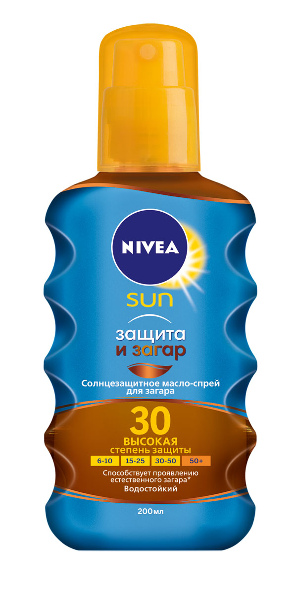 NIVEA Солнцезащитное масло-спрей для загара Защита и загар СЗФ 30 200 мл100715763 NIVEA Солнцезащитное масло-спрей для загара Защита и загар СЗФ 30 200 мл100715763Солнцезащитное масло-спрей для загара одновременно стимулирует проявление естественного загара и надежно защищает кожу от солнечных ожогов. Увлажняющая формула масла делает кожу гладкой, как шелк. Без липкого эффекта. Не содержит красящих веществ. 100% натуральный загар и 0% автозагара.