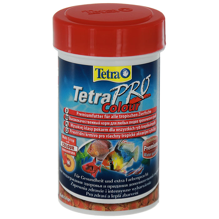 Корм сухой Tetra TetraPro. Colour для всех видов тропических рыб, чипсы, 250 мл (55 г)140677 Корм сухой Tetra TetraPro. Colour для всех видов тропических рыб, чипсы, 250 мл (55 г)140677Полноценный высококачественный корм Tetra TetraPro. Colour для всех видов тропических рыб разработан для поддержания здоровья и придания дополнительной энергии. Особенности Tetra TetraPro. Colour: - щадящая низкотемпературная технология изготовления для высокой питательной ценности и стабильности витаминов; - цветовой концентрат для превосходной природной окраски; - инновационная форма чипсов для минимального загрязнения воды отходами; - идеально подходит для любых видов разноцветных рыб; - легкое кормление. Рекомендации по кормлению: кормить несколько раз в день маленькими порциями. Состав: рыба и побочные рыбные продукты, зерновые культуры, экстракты растительного белка, дрожжи, моллюски и раки, масла и жиры, водоросли. Аналитические компоненты: сырой белок - 46%, сырые масла и жиры - 12%, сырая клетчатка - 3%, влага - 9%. Добавки: витамины, провитамины и химические вещества с аналогичным воздействием, витамин А...