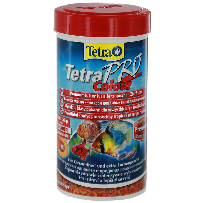 Корм сухой Tetra TetraPro. Colour для всех видов тропических рыб, чипсы, 100 мл (20 г)140646 Корм сухой Tetra TetraPro. Colour для всех видов тропических рыб, чипсы, 100 мл (20 г)140646Полноценный высококачественный корм Tetra TetraPro. Colour для всех видов тропических рыб разработан для поддержания здоровья и придания дополнительной энергии. Особенности Tetra TetraPro. Colour: - щадящая низкотемпературная технология изготовления для высокой питательной ценности и стабильности витаминов; - цветовой концентрат для превосходной природной окраски; - инновационная форма чипсов для минимального загрязнения воды отходами; - идеально подходит для любых видов разноцветных рыб; - легкое кормление. Рекомендации по кормлению: кормить несколько раз в день маленькими порциями. Состав: рыба и побочные рыбные продукты, зерновые культуры, экстракты растительного белка, дрожжи, моллюски и раки, масла и жиры, водоросли. Аналитические компоненты: сырой белок - 46%, сырые масла и жиры - 12%, сырая клетчатка - 3%, влага - 9%. Добавки: витамины, провитамины и химические вещества с аналогичным воздействием, витамин А...
