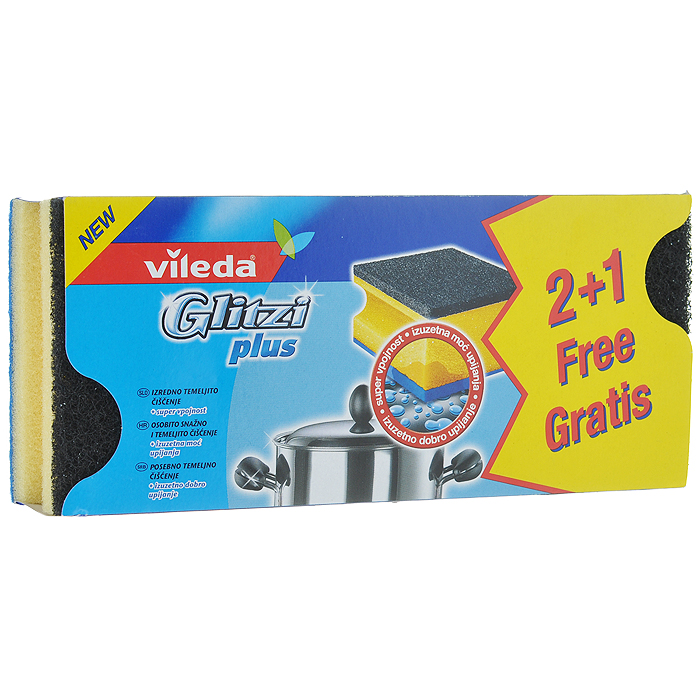 Набор губок для кастрюль Vileda Glitzi Plus, 3 шт321107171 Набор губок для кастрюль Vileda Glitzi Plus, 3 шт321107171Набор Vileda Glitzi Plus состоит из 3 губок, предназначенных для мытья металлической посуды и рабочих поверхностей. За счет добавления кристаллов кварца в абразивный слой изделия обладают усиленными чистящими свойствами. Углубления на боковых сторонах защищают ногти и позволяют удобно держать губку. Синяя тканевая сторона вытирает посуду, а также служит для удаления остатков загрязнения. Материал: полиуретан, абразив, вискоза. Комплектация: 3 шт. Размер губки: 9 см х 7 см х 4,5 см.