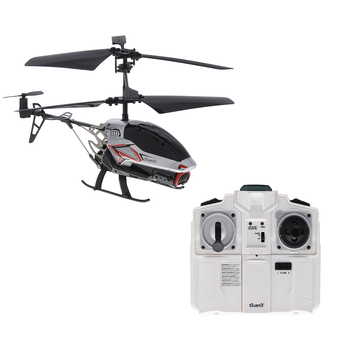 Silverlit Вертолет на радиоуправлении Spy Cam II цвет темно-серый серебристый84601_сер Silverlit Вертолет на радиоуправлении Spy Cam II цвет темно-серый серебристый84601_серРадиоуправляемая модель Silverlit Вертолет Spy Cam II привлечет внимание не только ребенка, но и взрослого, и станет отличным подарком любителю воздушной техники. Вертолет оснащен встроенным гироскопом, который помогает скорректировать и устранить нежелательные вращения корпуса вертолета. Благодаря гироскопу сохраняется высокая устойчивость полета, что позволяет полностью контролировать его процесс, управляя без суеты и страха сломать игрушку. Каркас вертолета выполнен из пластика с использованием металла. Вертолет имеет трехканальное дистанционное управление, с помощью пульта управления можно менять скорость полета, а также проделывать фигуры высшего пилотажа. Модель вертолета идеально подходит для игры как внутри помещения, так и на улице. Вертолет оснащен функцией фото и видеосъемки, позволяющей отснять видео длительностью 3 минуты или сделать 100 фотографий. Есть разъем под microSD-карту. Зарядка аккумулятора осуществляется от USB-провода или пульта...