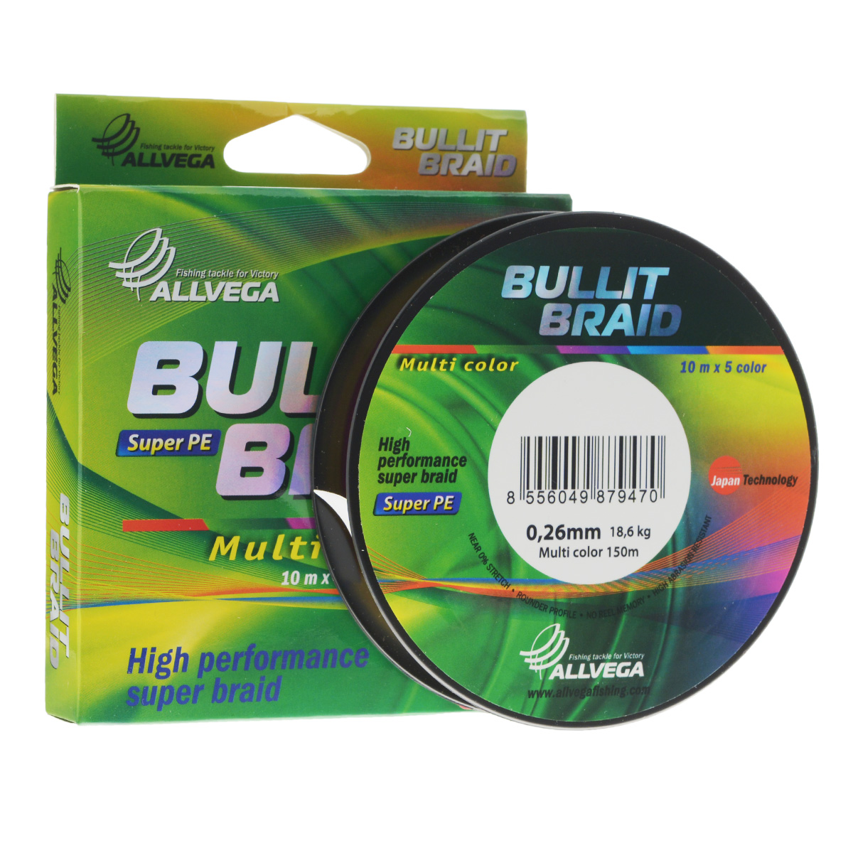 Леска плетеная Allvega Bullit Braid, цвет: мультиколор, 150 м, 0,26 мм, 18,6 кг25842 Леска плетеная Allvega Bullit Braid, цвет: мультиколор, 150 м, 0,26 мм, 18,6 кг25842Леска Allvega Bullit Braid с гладкой поверхностью и одинаковым сечением по всей длине обладает высокой износостойкостью. Благодаря микроволокнам полиэтилена (Super PE) леска имеет очень плотное плетение и не впитывает воду. Леску Allvega Bullit Braid можно применять в любых типах водоемов. Особенности: повышенная износостойкость; высокая чувствительность - коэффициент растяжения близок к нулю; отсутствует память; идеально гладкая поверхность позволяет увеличить дальность забросов; высокая прочность шнура на узлах.