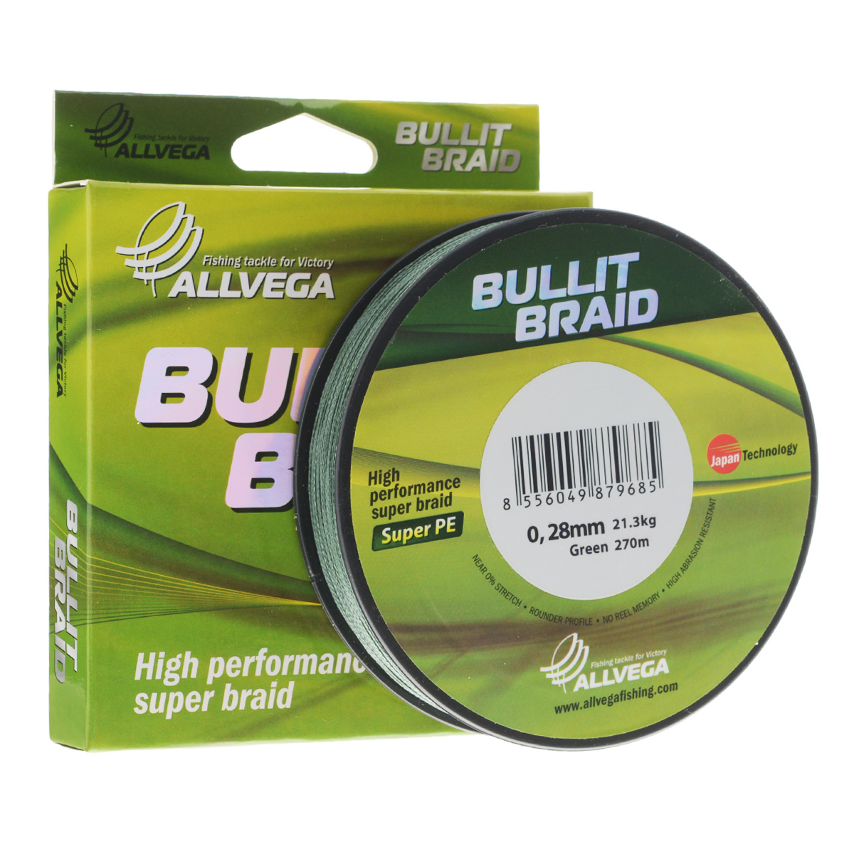 Леска плетеная Allvega Bullit Braid, цвет: темно-зеленый, 270 м, 0,28 мм, 21,3 кг25833 Леска плетеная Allvega Bullit Braid, цвет: темно-зеленый, 270 м, 0,28 мм, 21,3 кг25833Леска Allvega Bullit Braid с гладкой поверхностью и одинаковым сечением по всей длине обладает высокой износостойкостью. Благодаря микроволокнам полиэтилена (Super PE) леска имеет очень плотное плетение и не впитывает воду. Леску Allvega Bullit Braid можно применять в любых типах водоемов. Особенности: повышенная износостойкость; высокая чувствительность - коэффициент растяжения близок к нулю; отсутствует память; идеально гладкая поверхность позволяет увеличить дальность забросов; высокая прочность шнура на узлах.