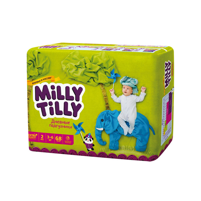 Milly Tilly Подгузники дневные Mini, 3-6 кг, 68 шт0074 Milly Tilly Подгузники дневные Mini, 3-6 кг, 68 шт0074Нежный материал дневного подгузника Milly Tilly в виде сот прилегает к коже и дарит малышу невероятный комфорт. Данная структура верхнего слоя в виде сот позволяет свободно циркулировать воздуху внутри подгузника. Эластичные поясочки надежно фиксируют его, при этом не стесняют движений малыша. Нежные оборочки сделаны из трех мягких резиночек, которые не натирают ножки. Застежки Magic Fix - настолько крепкие, что их можно пристёгивать и отстёгивать много раз для лучшей фиксации. Система Liquid Security позволяет равномерно распределять влагу, без комочков. Кожа малыша надолго остаётся сухой и нежной. Цифры на пояске помогут симметрично застегнуть подгузник. На каждом подгузнике смешной герой развеселит малыша и поднимет настроение маме. Проверено дерматологами.