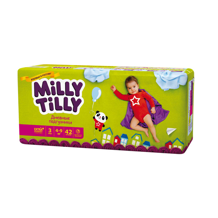 Milly Tilly Подгузники дневные Midi, 4-9 кг, 42 шт0098 Milly Tilly Подгузники дневные Midi, 4-9 кг, 42 шт0098Нежный материал дневного подгузника Milly Tilly в виде сот прилегает к коже и дарит малышу невероятный комфорт. Данная структура верхнего слоя в виде сот позволяет свободно циркулировать воздуху внутри подгузника. Эластичные поясочки надежно фиксируют его, при этом не стесняют движений малыша. Нежные оборочки сделаны из трех мягких резиночек, которые не натирают ножки. Застежки Magic Fix - настолько крепкие, что их можно пристёгивать и отстёгивать много раз для лучшей фиксации. Система Liquid Security позволяет равномерно распределять влагу, без комочков. Кожа малыша надолго остаётся сухой и нежной. Цифры на пояске помогут симметрично застегнуть подгузник. На каждом подгузнике смешной герой развеселит малыша и поднимет настроение маме. Проверено дерматологами.
