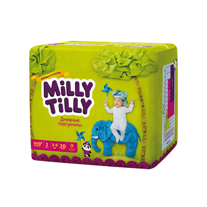 Milly Tilly Подгузники дневные Mini, 3-6 кг, 20 шт50 Milly Tilly Подгузники дневные Mini, 3-6 кг, 20 шт50Нежный материал дневного подгузника Milly Tilly в виде сот прилегает к коже и дарит малышу невероятный комфорт. Данная структура верхнего слоя в виде сот позволяет свободно циркулировать воздуху внутри подгузника. Эластичные поясочки надежно фиксируют его, при этом не стесняют движений малыша. Нежные оборочки сделаны из трех мягких резиночек, которые не натирают ножки. Застежки Magic Fix - настолько крепкие, что их можно пристёгивать и отстёгивать много раз для лучшей фиксации. Система Liquid Security позволяет равномерно распределять влагу, без комочков. Кожа малыша надолго остаётся сухой и нежной. Цифры на пояске помогут симметрично застегнуть подгузник. На каждом подгузнике смешной герой развеселит малыша и поднимет настроение маме. Проверено дерматологами.