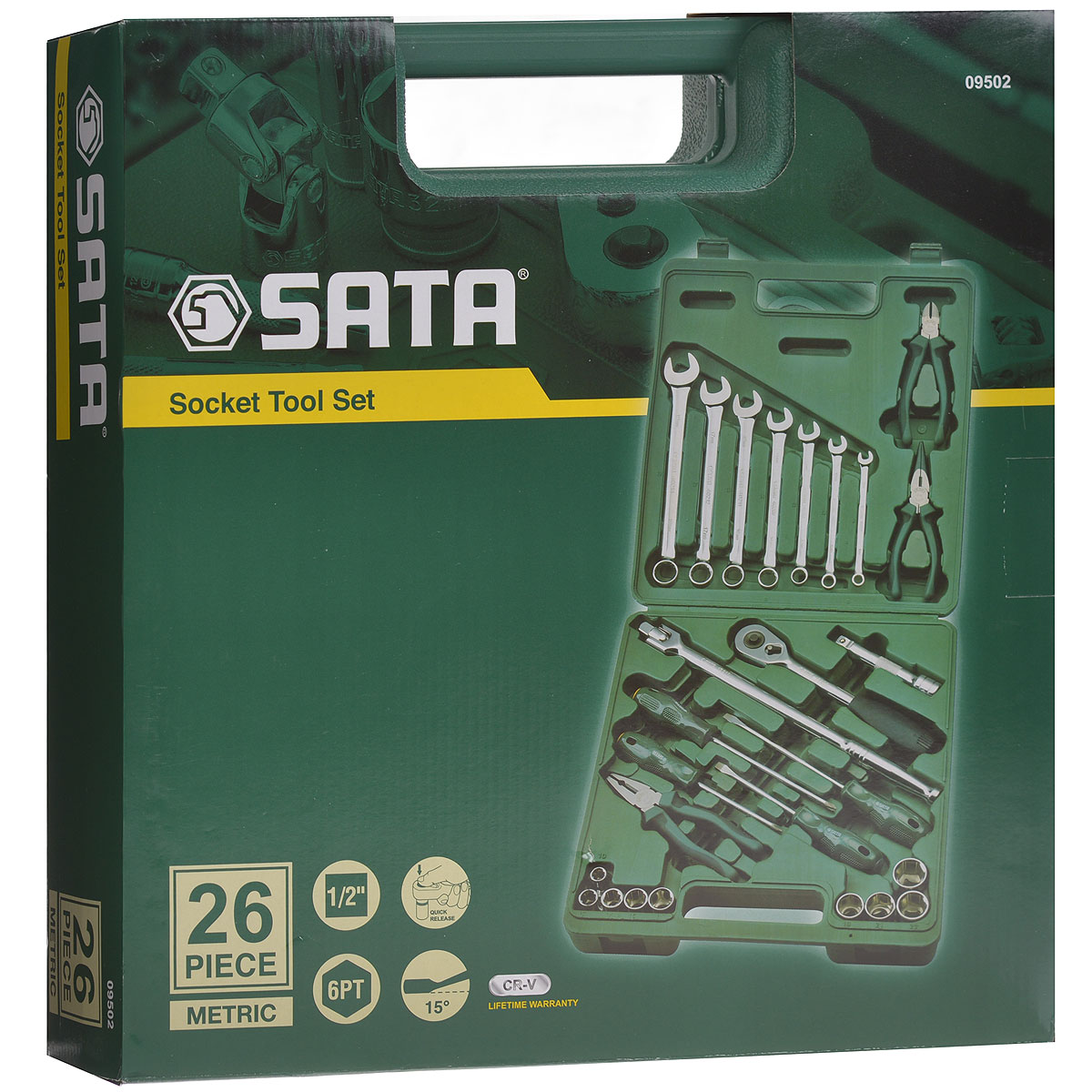 Набор инструментов SATA SATA 26 предметов. 0950209502 Набор инструментов SATA SATA 26 предметов. 0950209502Набор инструментов Sata - это необходимый предмет в каждом доме. Он включает в себя 26 предметов, которые умещаются в пластиковом кейсе. Такой набор будет идеальным подарком мужчине. Состав набора: Головки торцовые шестигранные 1/2: 10 мм, 12 мм, 14 мм, 16 мм, 17 мм, 19 мм, 21 мм, 22 мм, 24 мм. Ключи комбинированные: 8 мм, 10 мм, 12 мм, 14 мм, 16 мм, 17 мм, 19 мм. Ключ трещоточный 1/2. Удлинитель 1/2: 125 мм. Рычаг угловой 1/2: 260 мм. Отвертки Phillips: РН2 х 100 мм, РH2 х 150 мм. Отвертки шлицевые: 6 мм х 100 мм, 6 мм х 150 мм. Тонкогубцы: 150 мм. Бокорезы: 160 мм. Плоскогубцы: 180 мм.