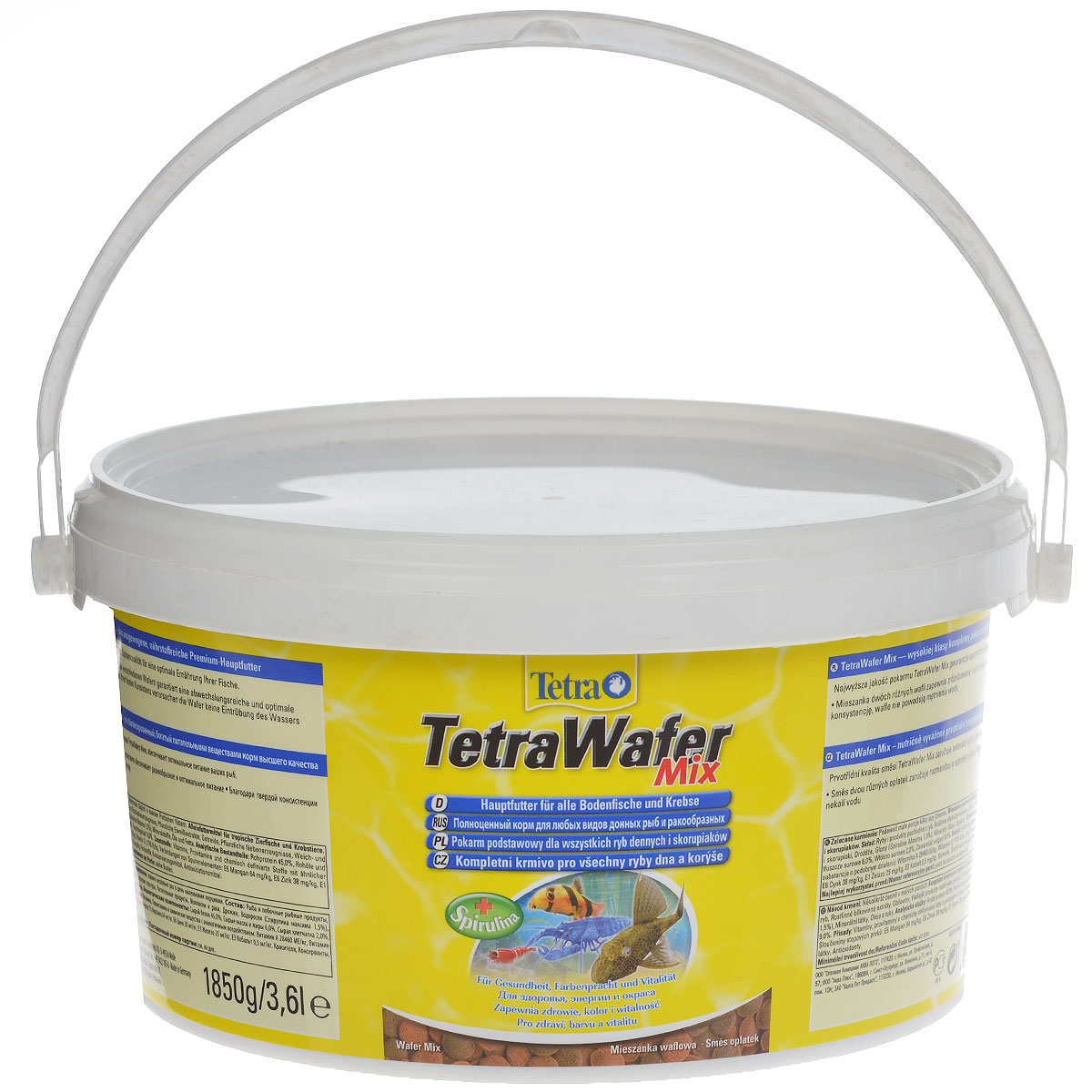 Корм сухой TetraWafer Mix для всех донных рыб и ракообразных, в виде пластинок, 3,6 л193826 Корм сухой TetraWafer Mix для всех донных рыб и ракообразных, в виде пластинок, 3,6 л193826Корм TetraWafer Mix - это сбалансированный, богатый питательными веществами корм высшего качества. Превосходное качество корма обеспечивает оптимальное питание ваших рыб. Сочетание двух разных пластинок обеспечивает разнообразие и оптимальное питание. Благодаря твердой консистенции пластинки не загрязняют воду. Рекомендации по кормлению: кормить несколько раз в день маленькими порциями. Характеристики: Состав: рыба и побочные рыбные продукты, зерновые культуры, экстракты растительного белка, растительные продукты, дрожжи, моллюски и раки, масла и жиры, водоросли (спирулина максима 1,5%), минеральные вещества. Пищевая ценность: сырой белок - 45%, сырые масла и жиры - 6%, сырая клетчатка - 2%, влага - 9%. Добавки: витамины, провитамины и химические вещества с аналогичным воздействием, витамин А 28460 МЕ/кг, витамин Д3 1770 МЕ/кг. Комбинации элементов: Е5 Марганец 64 мг/кг, Е6 Цинк 38 мг/кг, Е1 Железо 25 мг/кг, Е3 Кобальт...