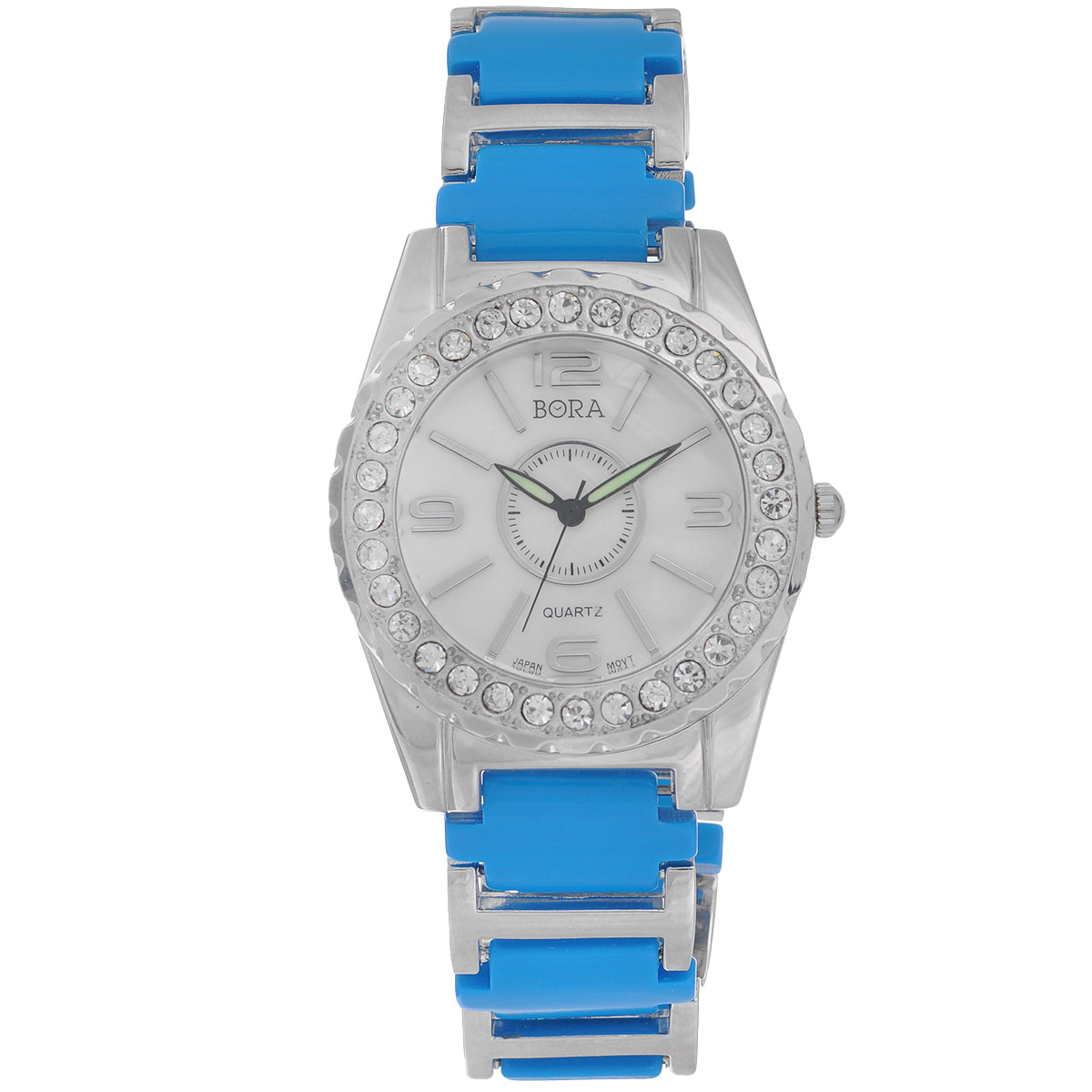 Часы наручные женские Bora, цвет: голубой, серебряный. FWBR052 / T-B-8527-WATCH-TURQUOISEFWBR052 / T-B-8527-WATCH-TURQUOISE Часы наручные женские Bora, цвет: голубой, серебряный. FWBR052 / T-B-8527-WATCH-TURQUOISEFWBR052 / T-B-8527-WATCH-TURQUOISEЧасы торговой марки Bora отличает изысканный стиль и превосходное качество изготовления. Японский механизм Seiko отличает невероятная точность. С ними вы точно не пропустите ничего интересного. Корпус часов выполнен из легированного металлического сплава и украшен стразами. Ремешок изготовлен из металла и ювелирного пластика и застегивается на застежку-клипсу. Практичная и незаменимая вещь в сумасшедшем ритме современной жизни. Стильный и элегантный аксессуар идеально дополнит ваш повседневный образ. Характеристики: Размеры корпуса: 4 х 4,5 х 1 см. Размеры ремешка без учета корпуса: 16 х 2 см.